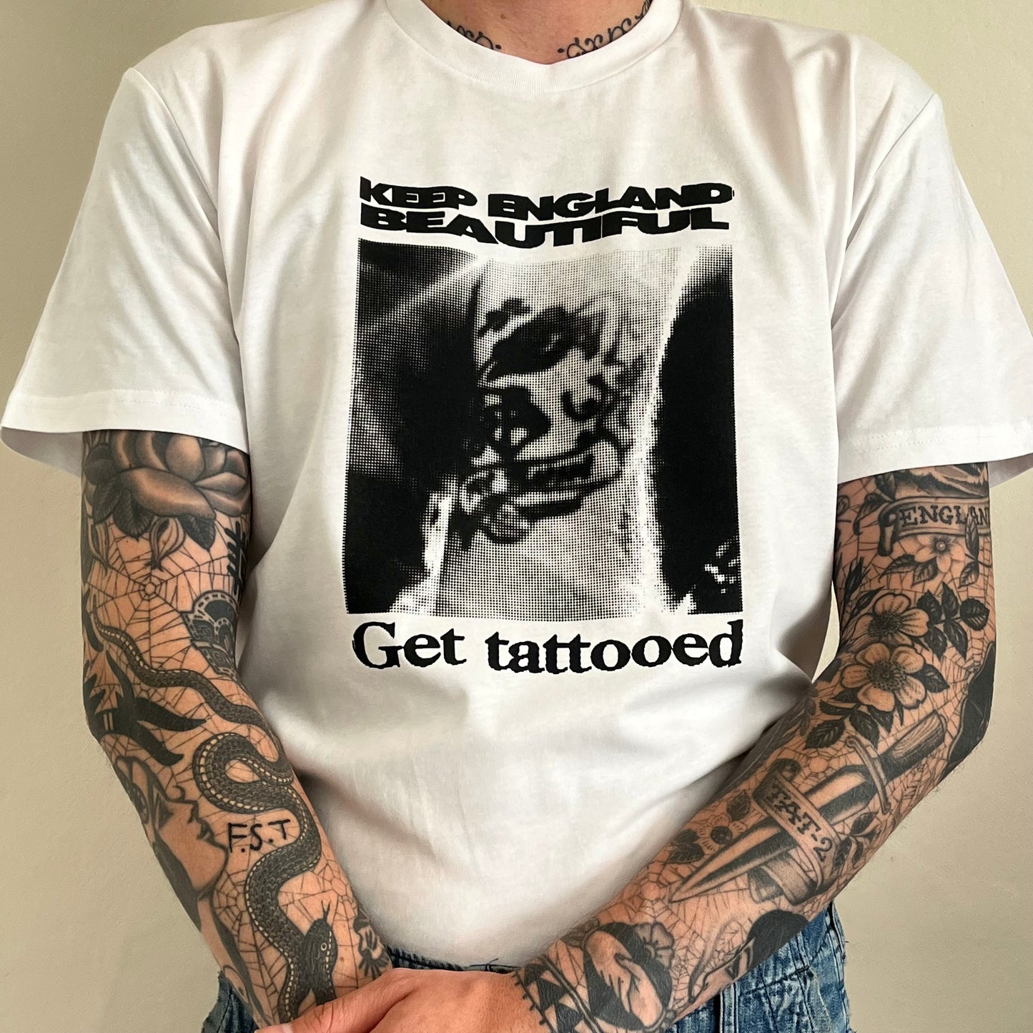 Vintage black and white tattoo photo T-Shirt with keep England beautiful get tattooed written.