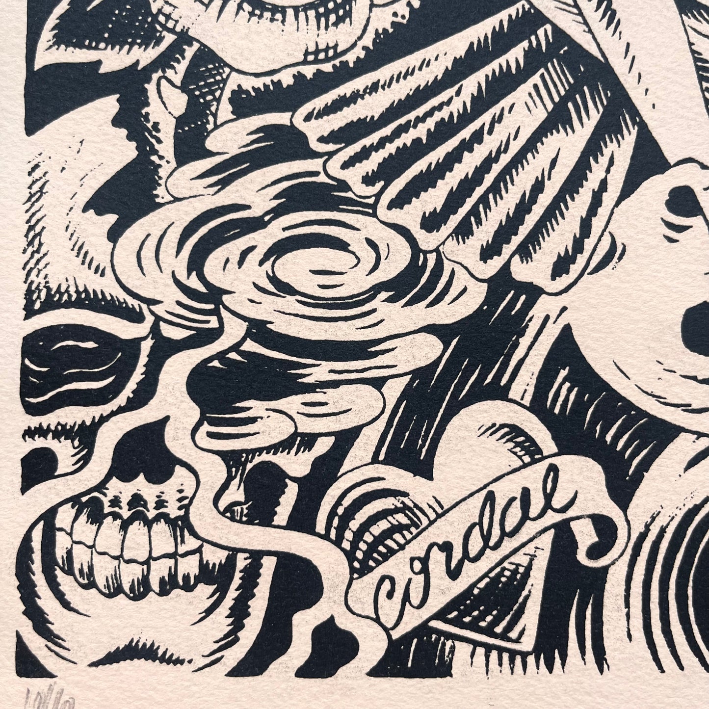 Black and white tattoo design brush pen illustration featuring Japanese background of waves, clouds, and lightening. An Ed hardy woman on an eagle, a skull, a rose, and a ship