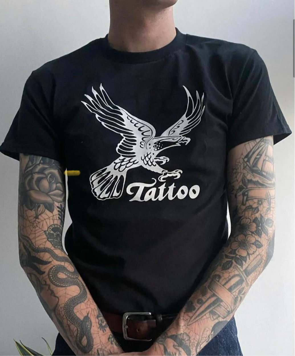 Black Vintage style tattoo T-shirt with white Johnny dollar eagle