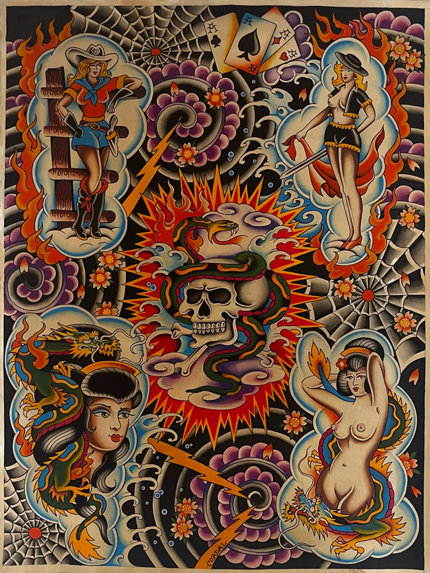 Bold American traditional tattoo flash sheet of a black panther, a British bulldog, a memorial tattoo with black cross, red heart, and banner, a skull and dagger, and a rest in peace memorial tattoo with a cross, love hearts, and a banner
