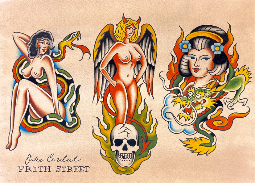 Bold American traditional vintage style tattoo flash sheet of a Bob Roberts Spanish lady holding a fan, a flaming heart with an arrow through it, a Bob Roberts crawling tiger, a grim reaper holding a noose with flames, and a Spaulding and Roger's star