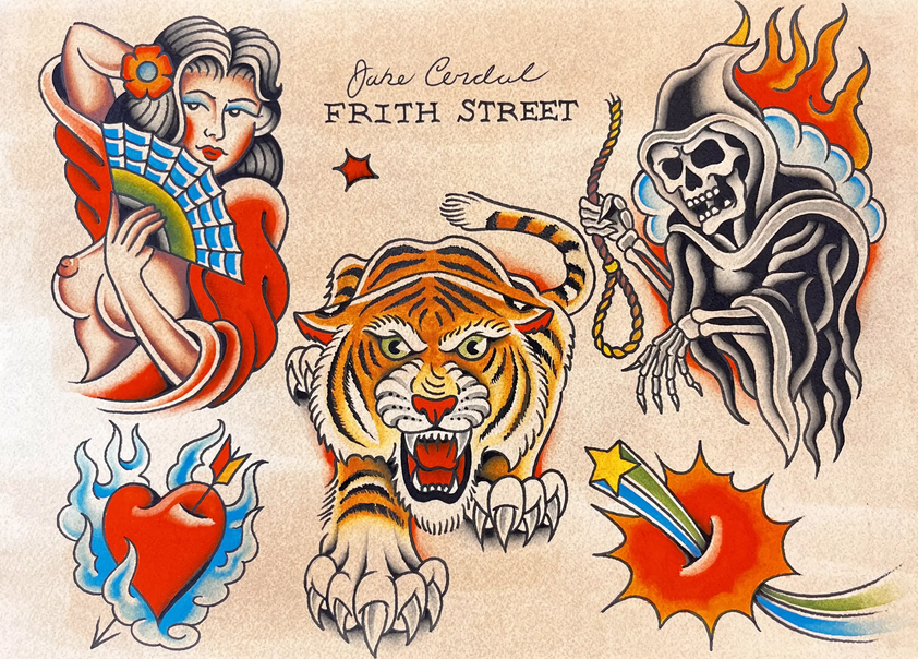 Bold American traditional vintage style tattoo flash sheet of a hula pin-up girl with a palm tree and a sunset, a forwards tiger crawling through bushes, and a pinky yin pin-up girl undressing