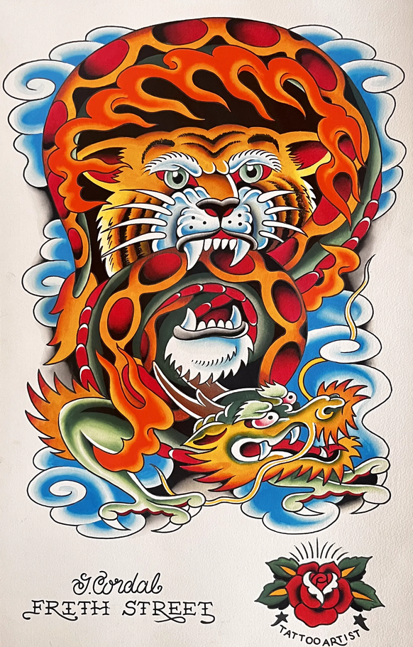 Bold American traditional vintage style tattoo flash sheet with Japanese background of cowgirl pin-up, a matador pin-up girl, a girl head with a Japanese dragon in her hair, a pin-up geisha girl with a dragon wrapped around her, and a skull and snake with flames, blue Japanese water, and purple Tibetan clouds