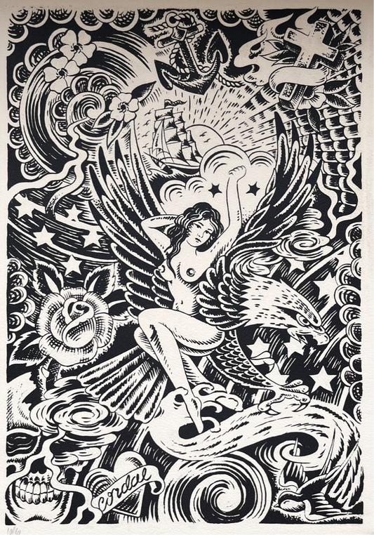 Black and white tattoo design brush pen illustration featuring Japanese background of waves, clouds, and lightening. An Ed hardy woman on an eagle, a skull, a rose, and a ship