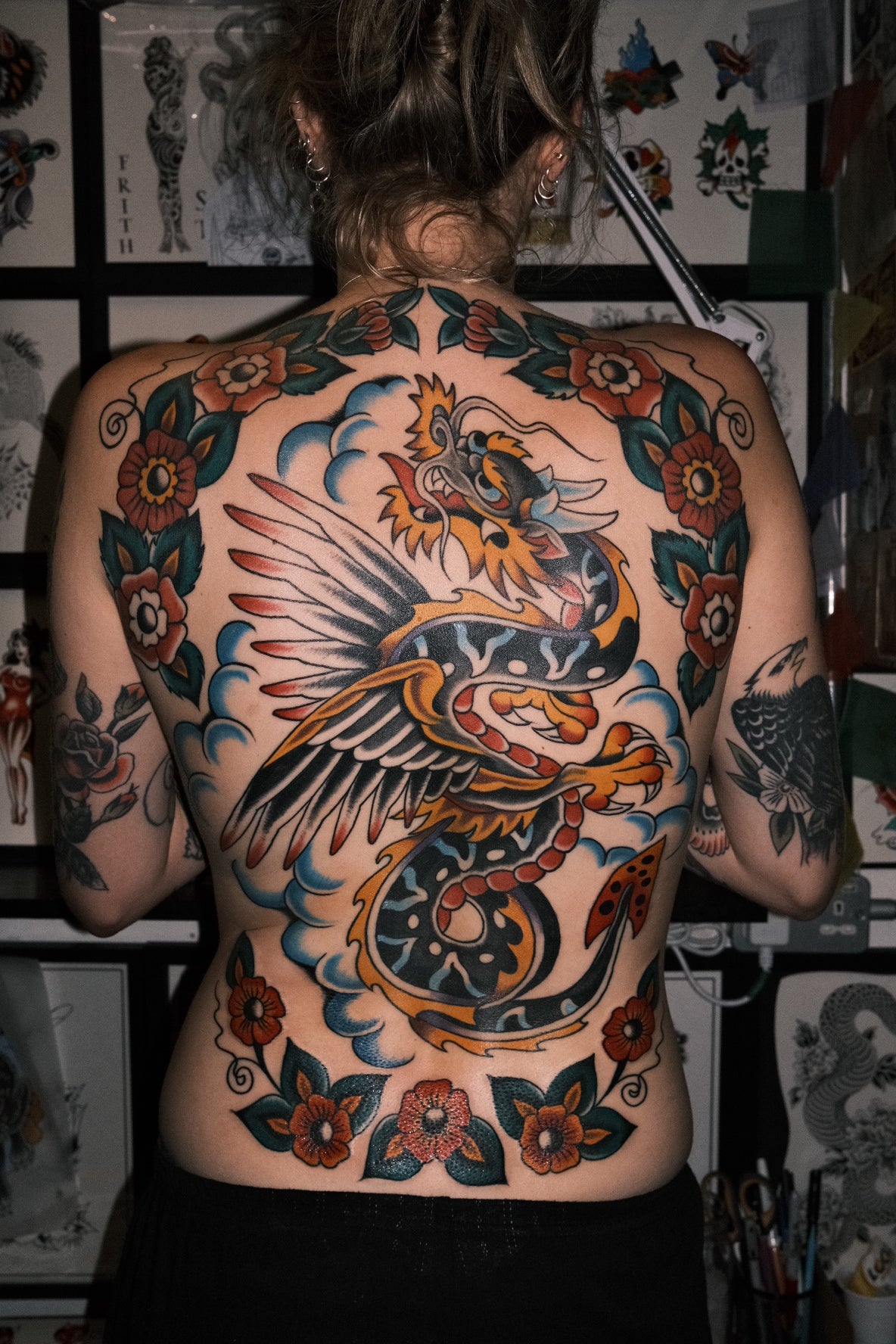 Full colour American traditional dragon backpiece 