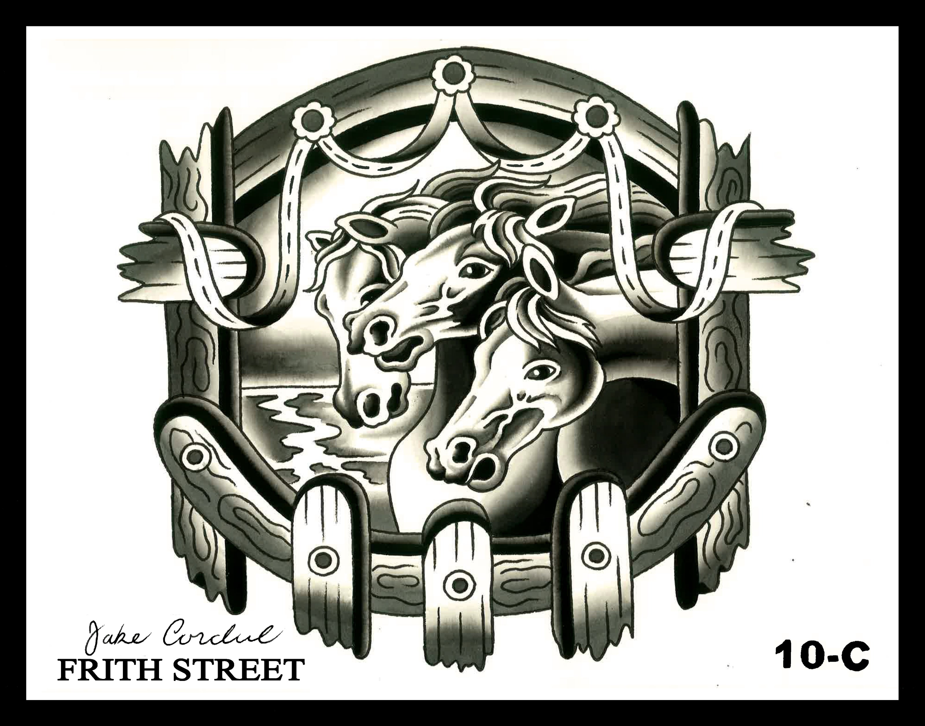 A black and grey bold American traditional flash sheet of a pharaohs horses scene surrounded by a wooden frame 