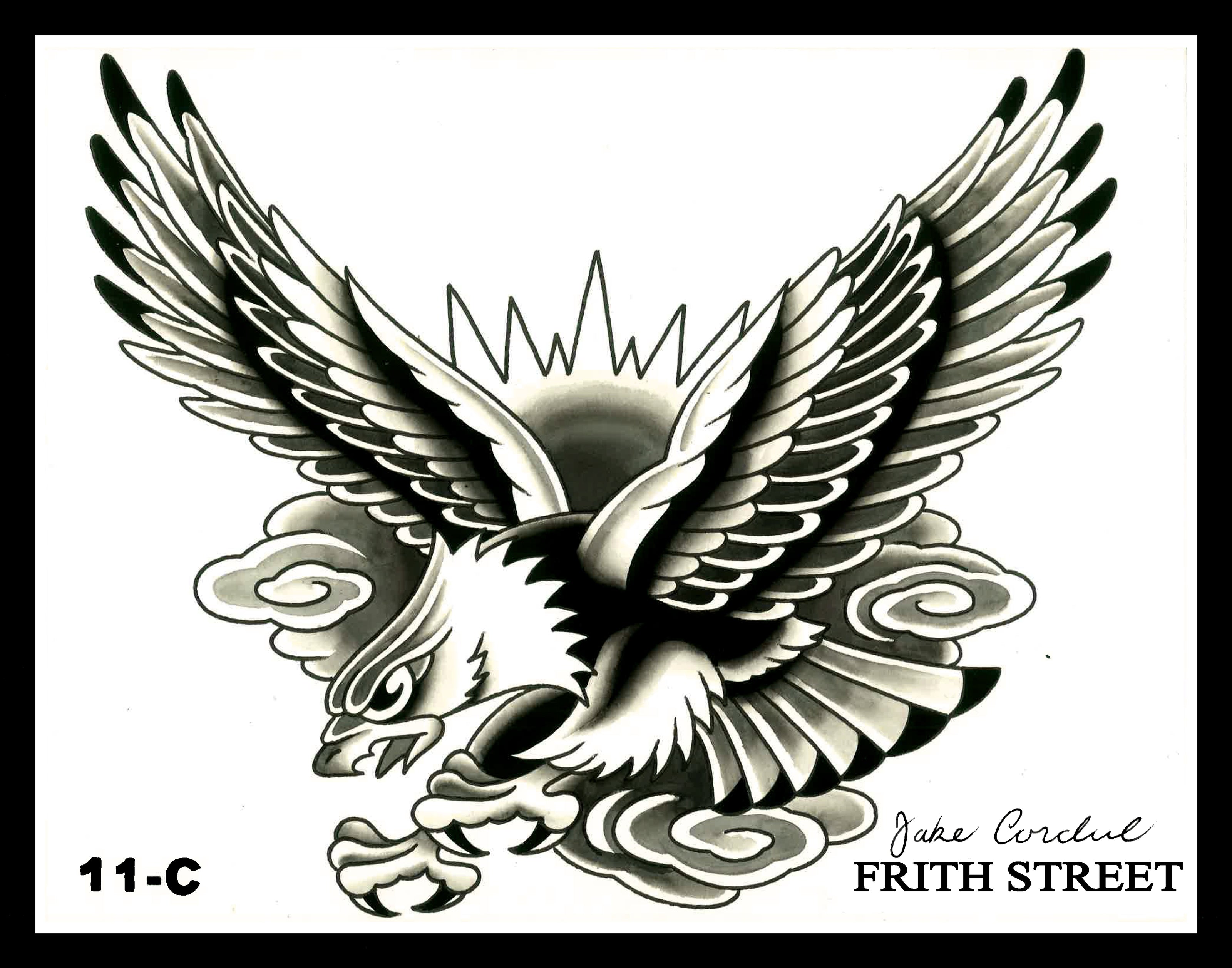 A black and grey bold American traditional flash sheet of an eagle chest piece design with Japanese clouds