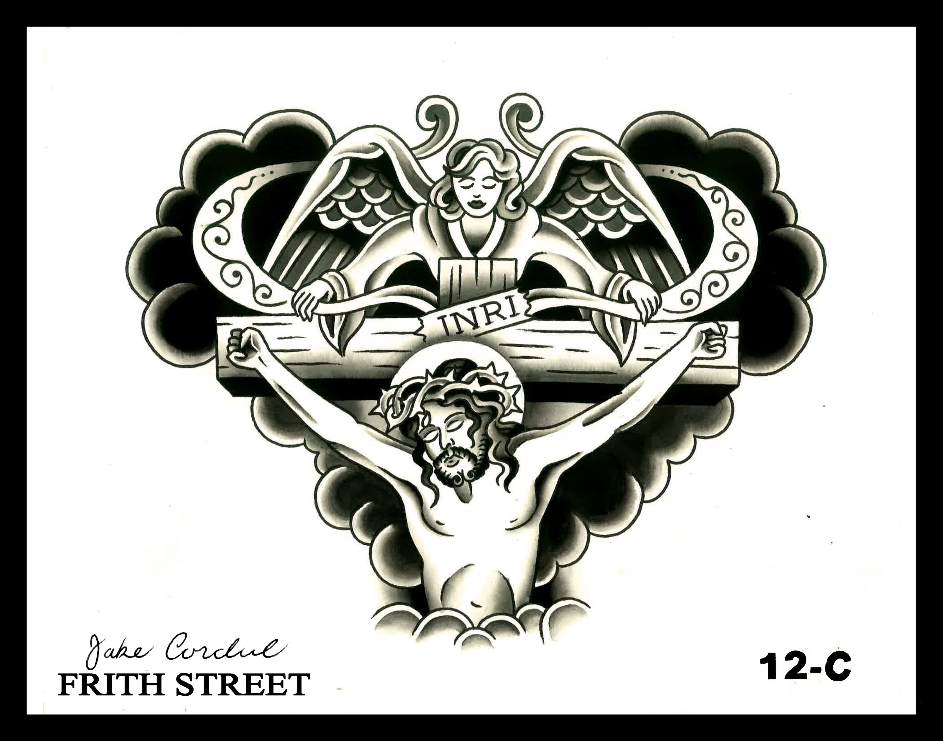 A black and grey bold American traditional flash sheet of Jesus on the cross with an angel above him