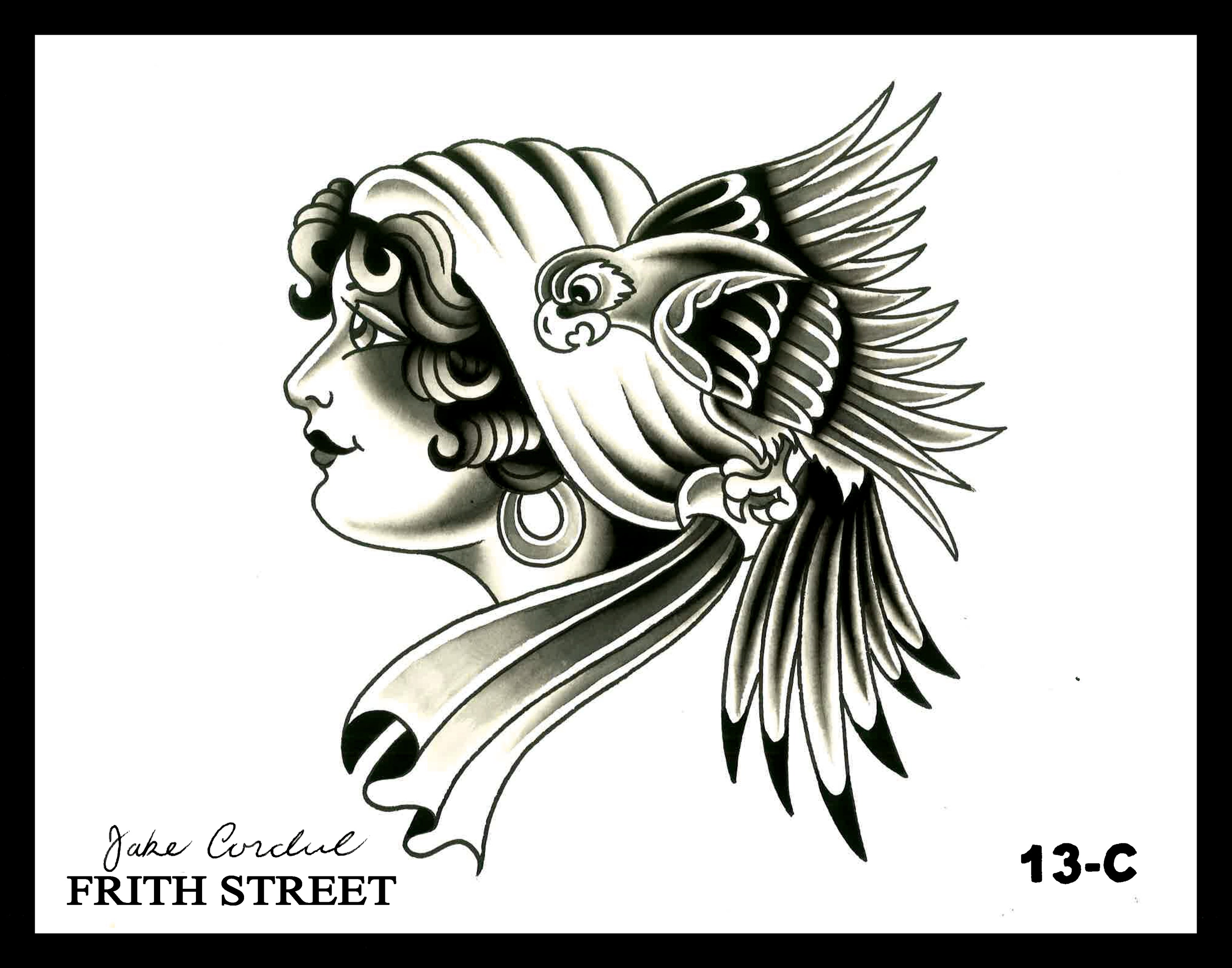 A black and grey bold American traditional flash sheet of a pirate woman wearing a headscarf with a parrot.