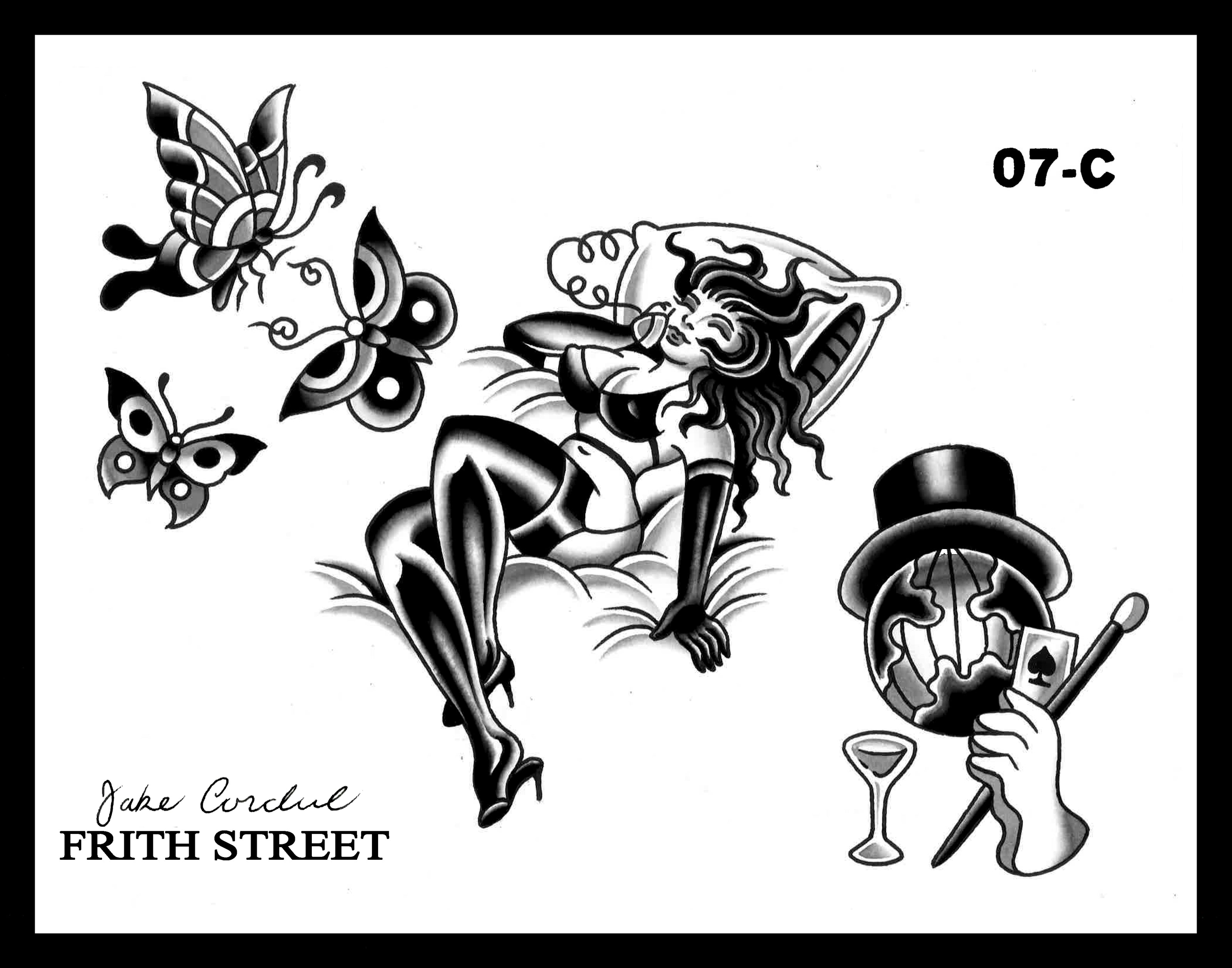 A black and grey bold American traditional flash sheet of a woman lying on a bed talking on the telephone and butterflies.