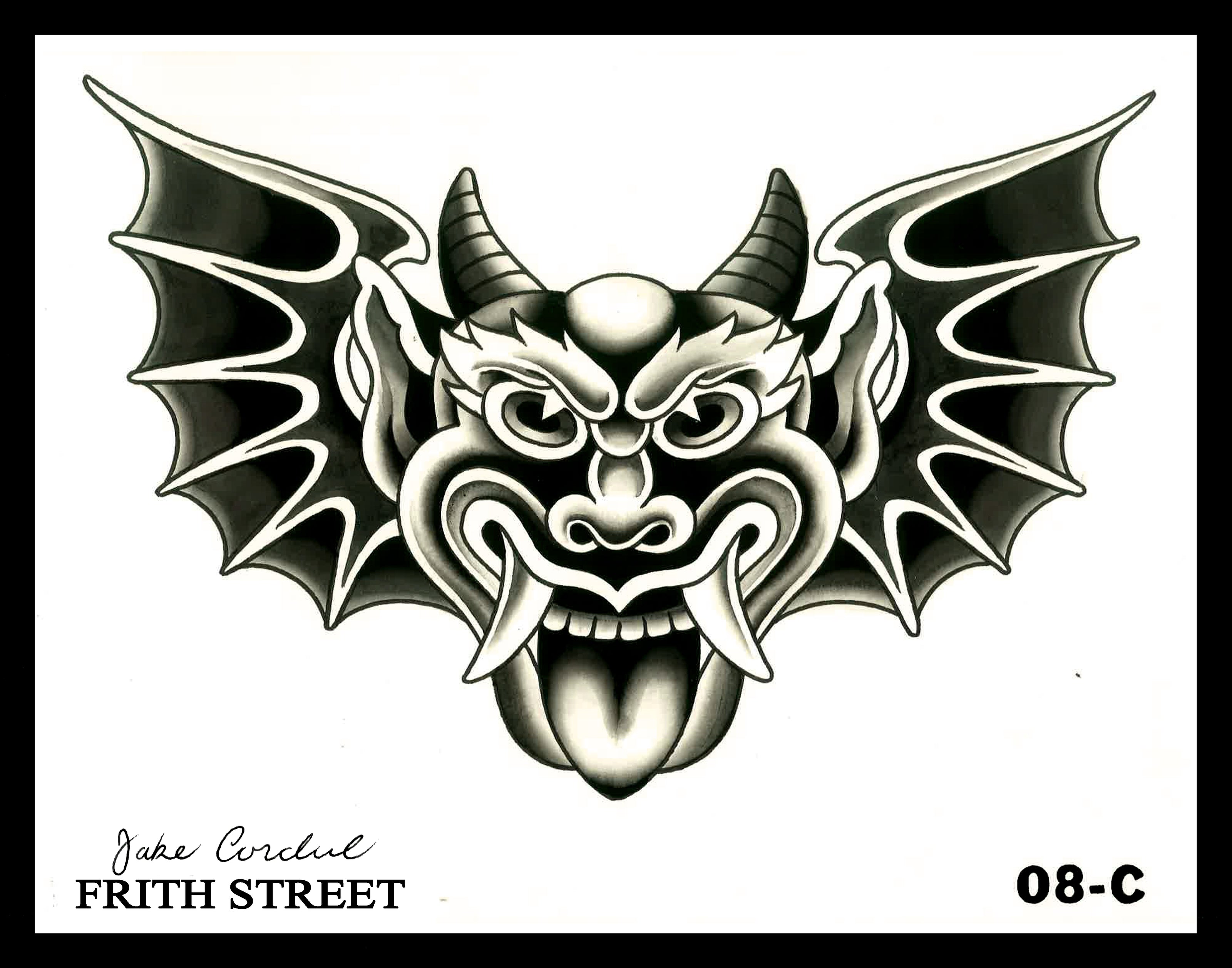 A black and grey bold American traditional flash sheet of a demon head with bat like wings