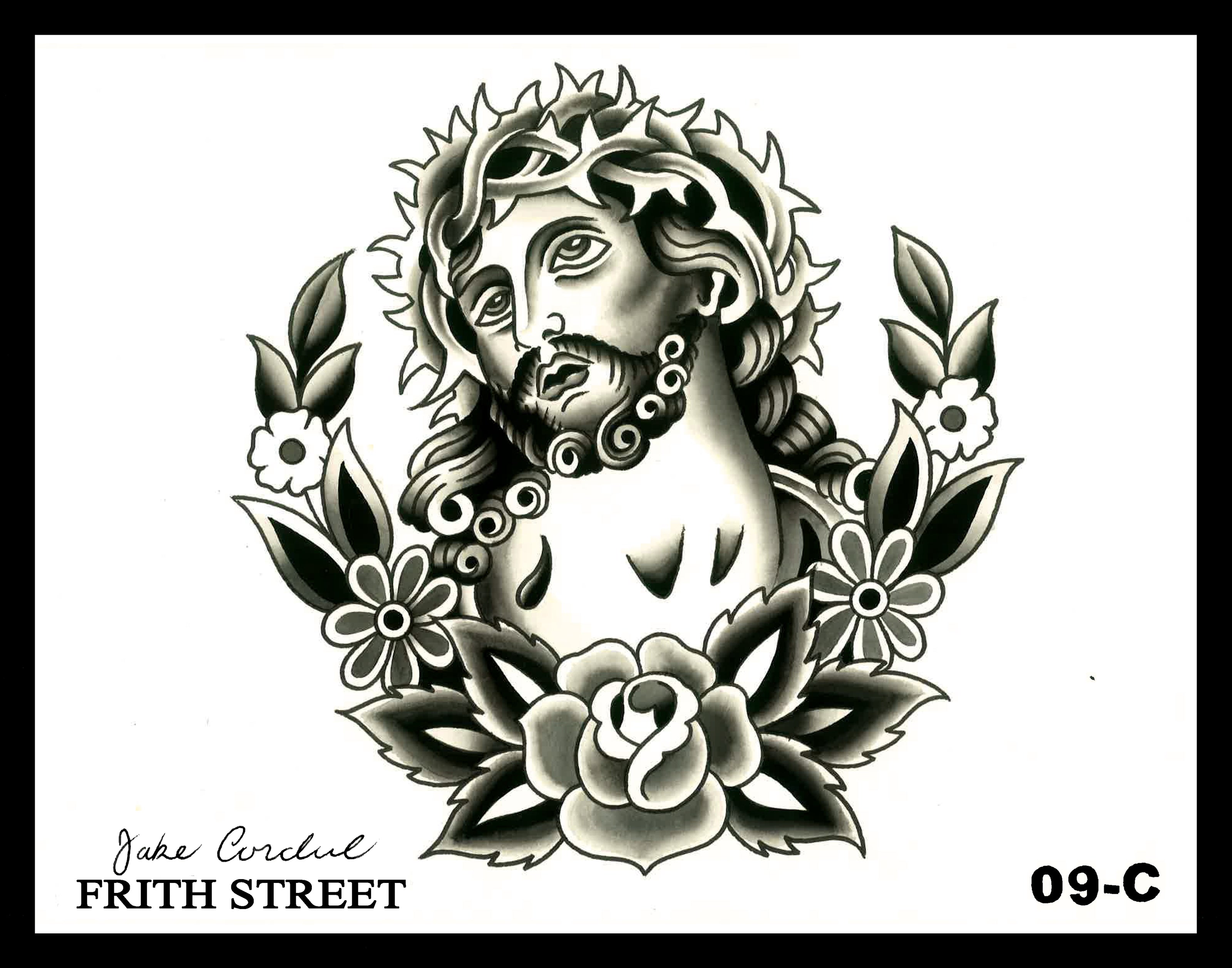 A black and grey bold American traditional flash sheet of jesus in the ecce homo pose surrounded by flowers 