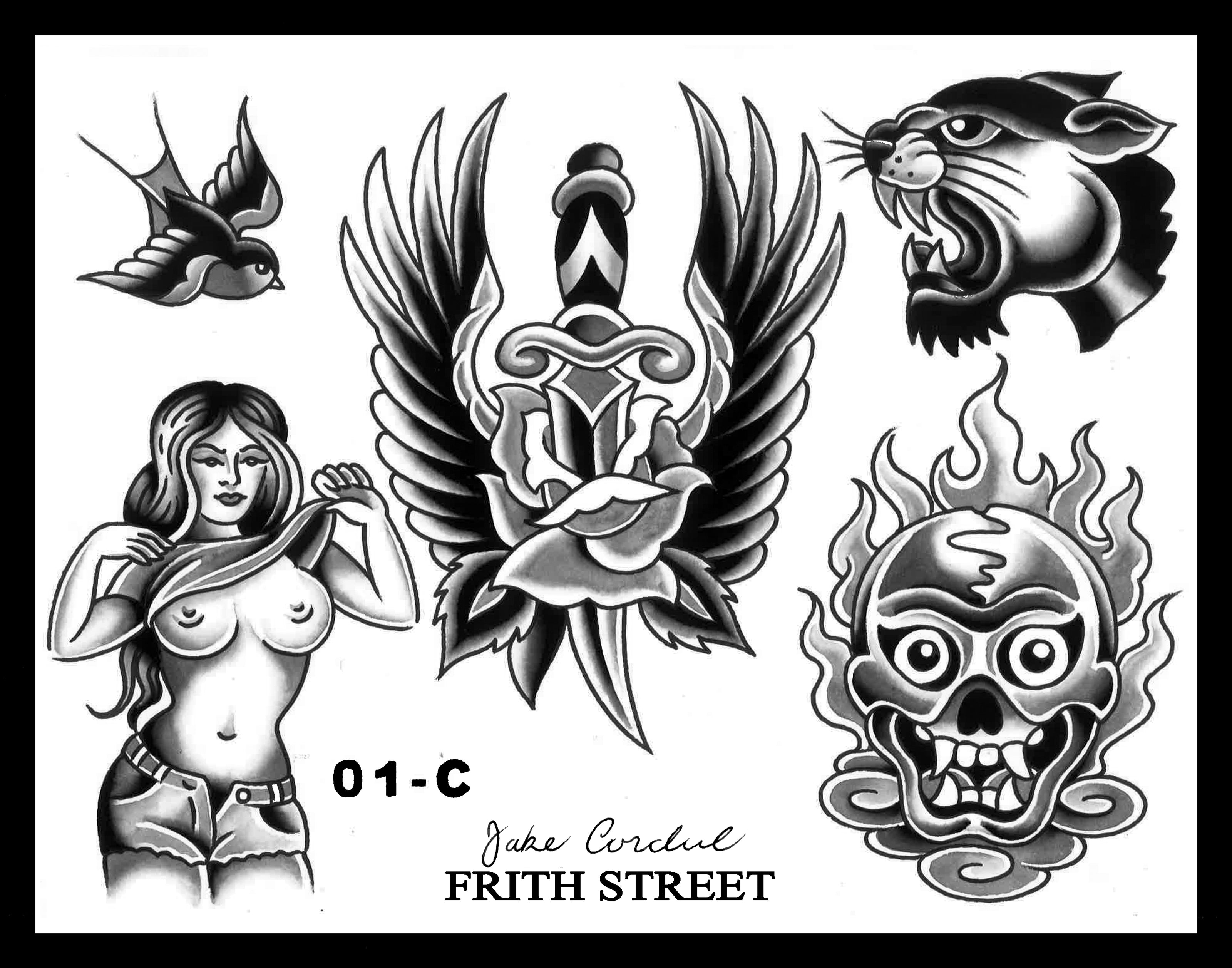 Black and grey bold American traditional flash sheet of a classic swallow, a panther head, a pinky yun winged rose with dagger, a Tibetan skull with clouds and flames, and a Spaulding and Roger’s pin up girl lifting her T-shirt. 