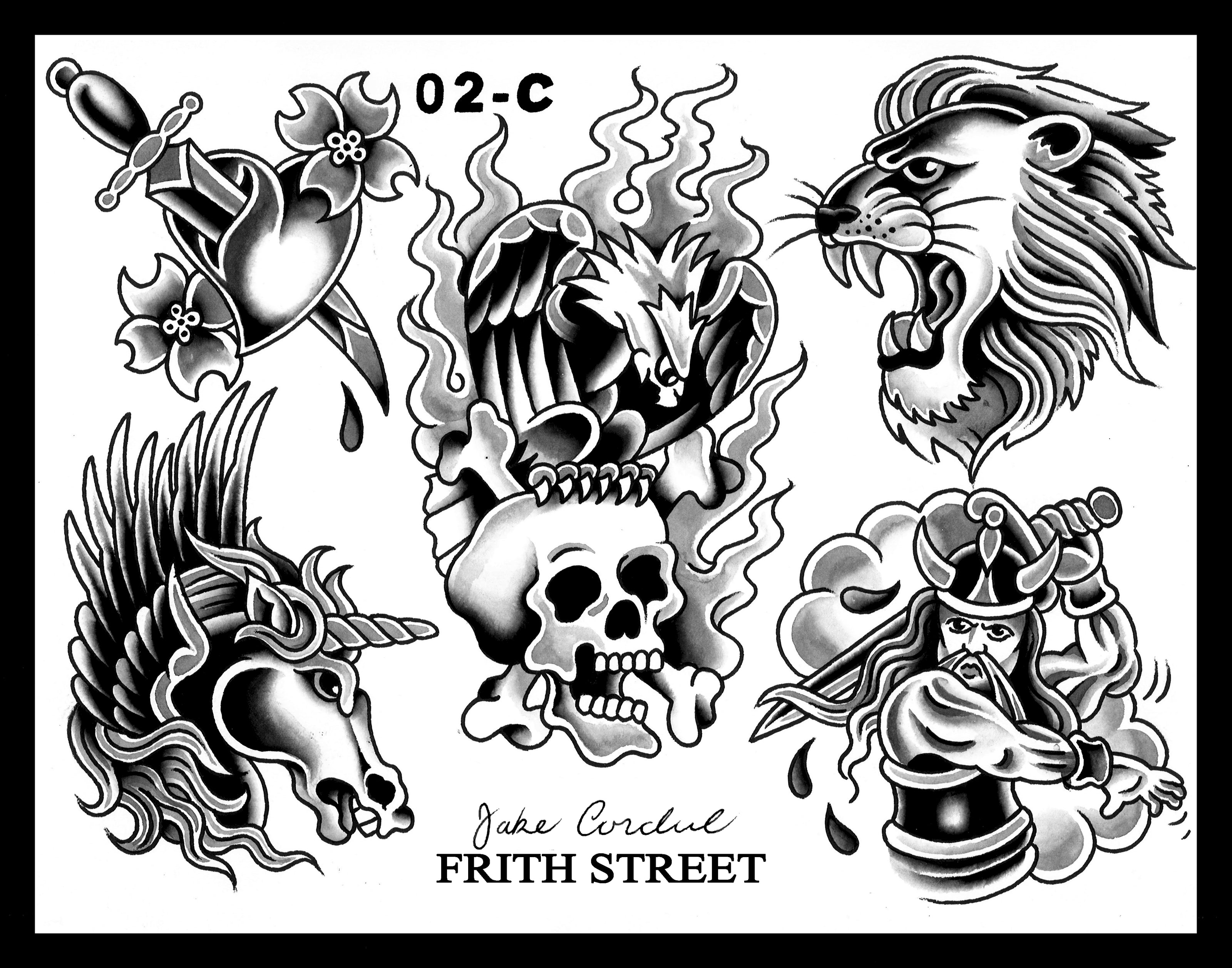Black and grey bold American traditional flash sheet of pinky yun heart dagger and cherry blossoms, a picture machine skull and eagle with flames, a traditional lion head, a unicorn head with wings, and a Viking with sword.