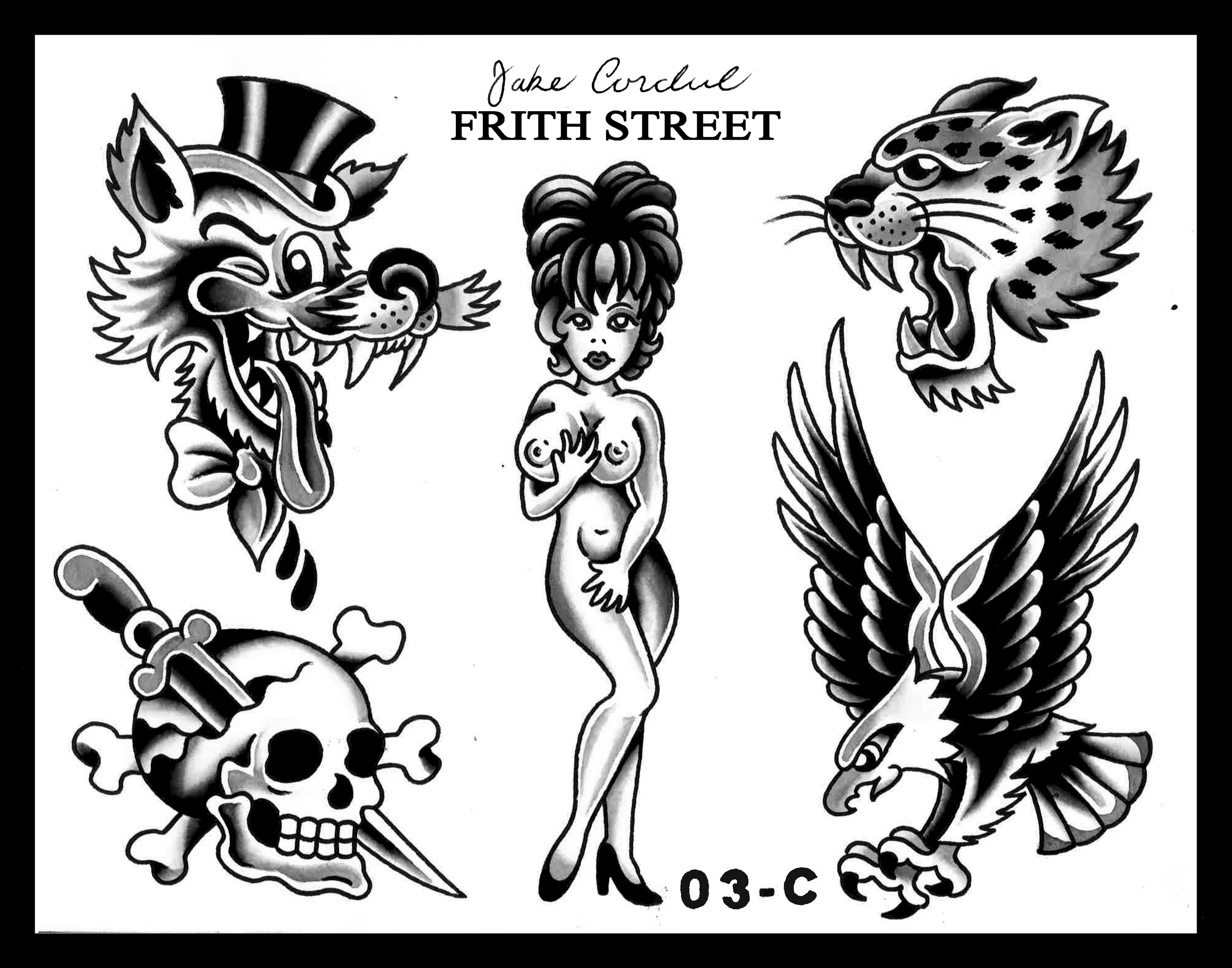 A black and grey bold American traditional flash sheet of a cartoon wolf with top hat, a naked pin up girl with a beehive hair cut, a traditional leopard head, a skull and dagger, and a classic eagle tattoo design. 