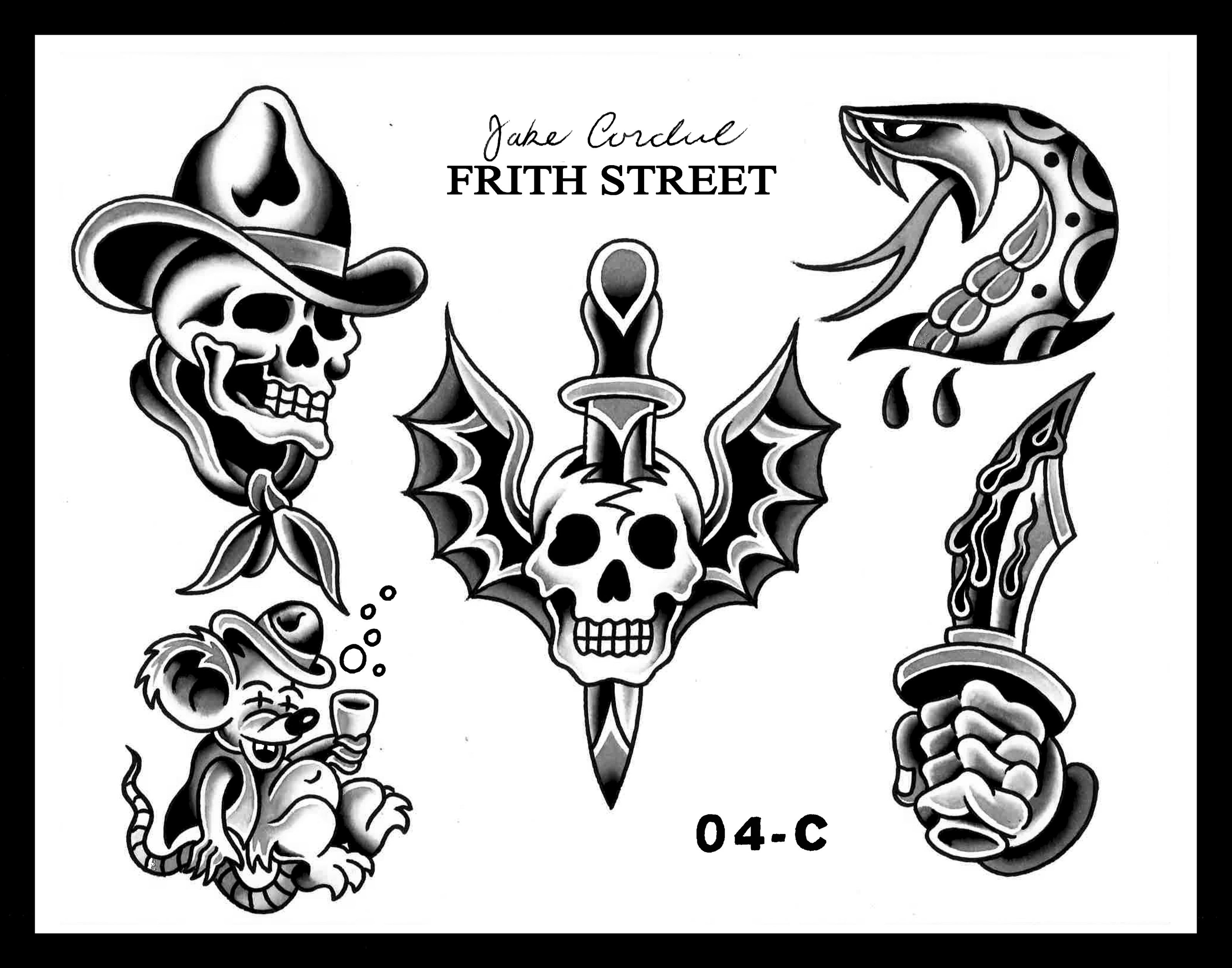 A black and grey bold American traditional flash sheet of a Tony polito cowboy skull, a sailor Jerry snake head, a winged skull with a dagger, a drunk rat, and a dagger dripping with blood