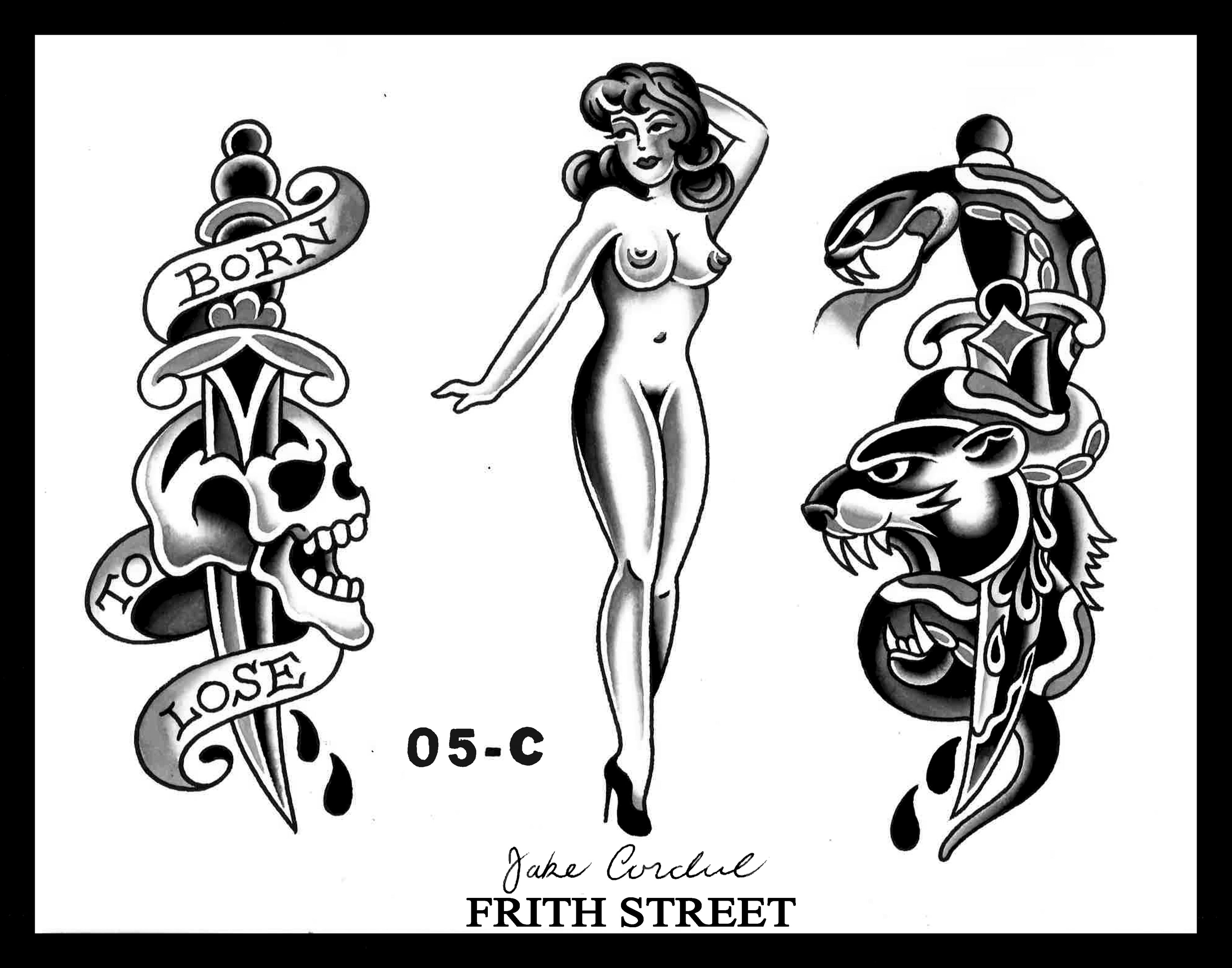 A black and grey bold American traditional flash sheet of a skull and dagger with a banner saying born to lose, a pin up girl, and a panther and snake with a dagger.