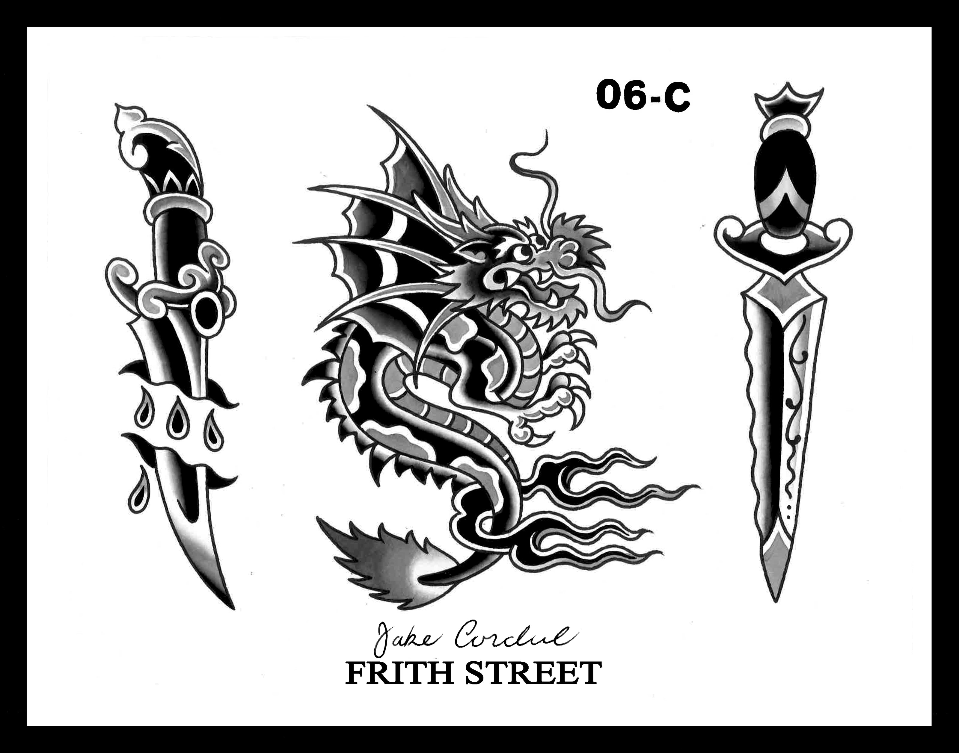 A black and grey bold American traditional flash sheet of a dagger cutting through the skin, a sailor Jerry winged dragon with flames, and a classic dagger. 