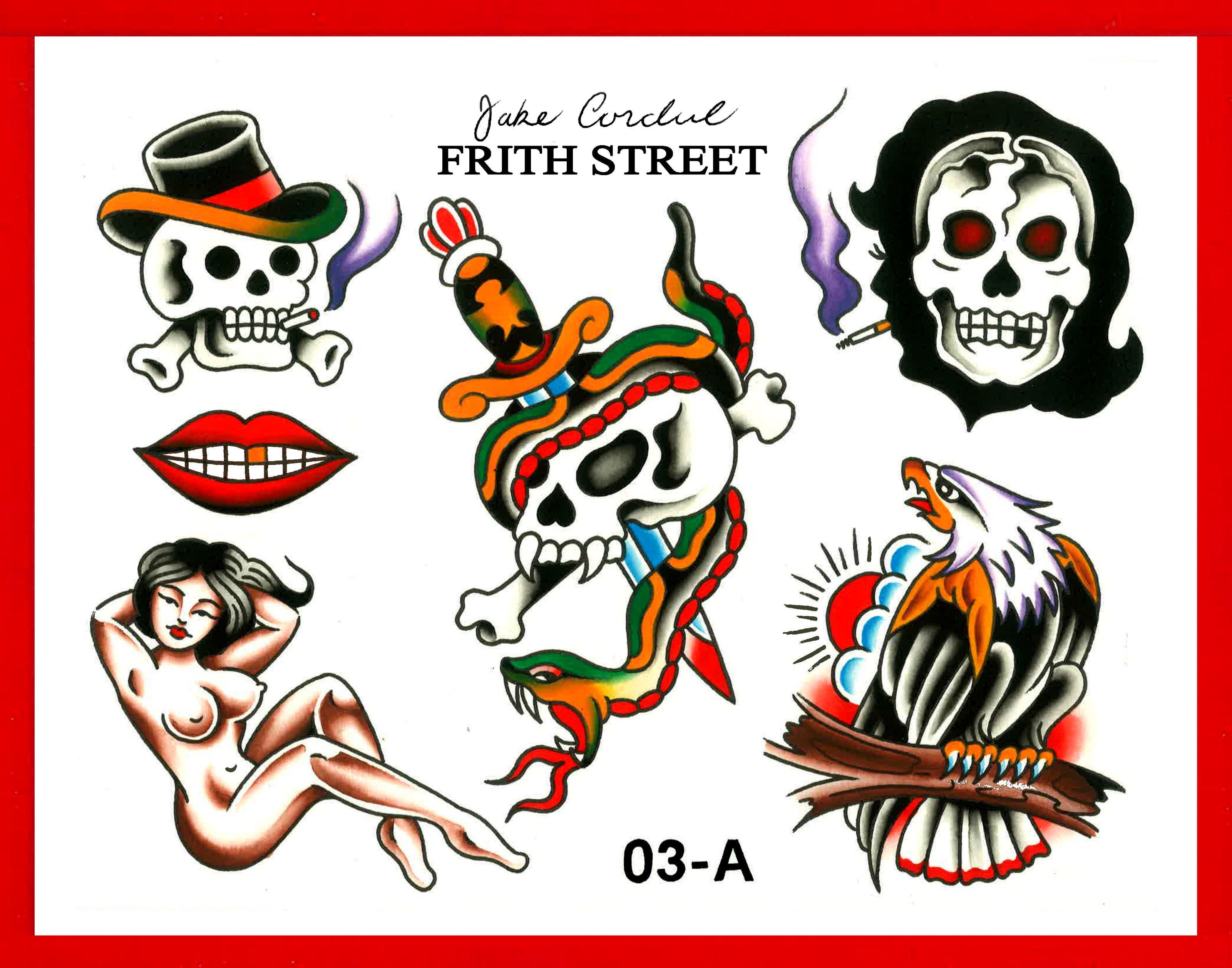 bold American traditional full colour Spaulding and Rogers and picture machine tattoo flash sheet of a smoking skull and wearing a top hat a Rosie camanga pair of lips a nude reclining pin up girl a skull snake and dagger a silhouette of a woman’s face smoking with a skull inside and an eagle perching on a branch with a sunsett