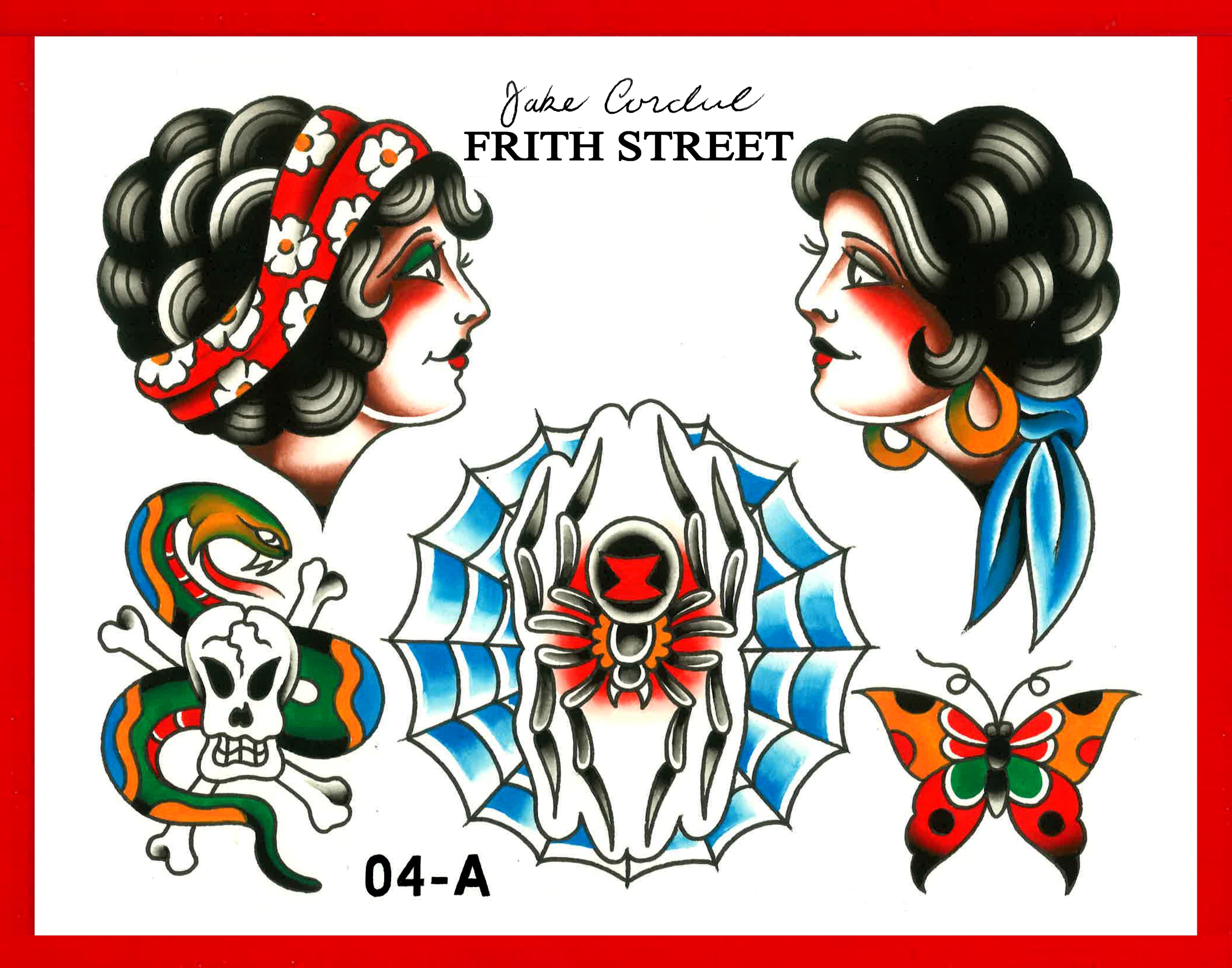 bold American traditional full colour tattoo flash sheet of a gypsy lady head with a head scarf a snake and skull a Bob roberts spider in a web a Spaulding and Rogers lady head and a simple sailor Jerry butterfly 