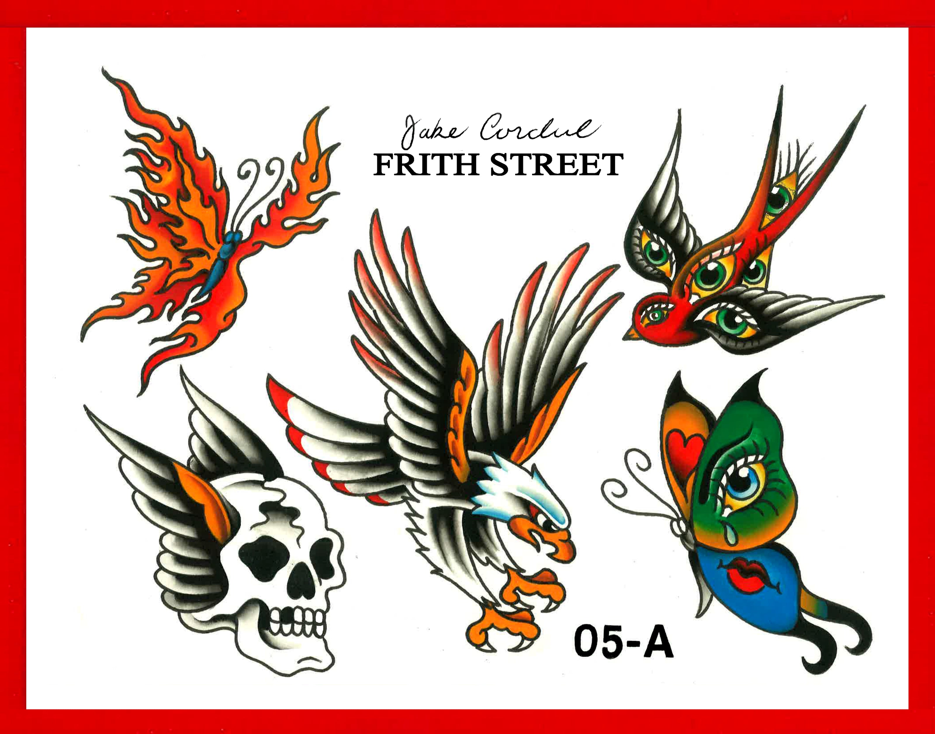 bold American traditional tattoo flash sheet of a flaming Ed hardy butterfly a winged ww1 pilot or biker skull a flying eagle an eye swallow Ed hardy design and an ed hardy butterfly