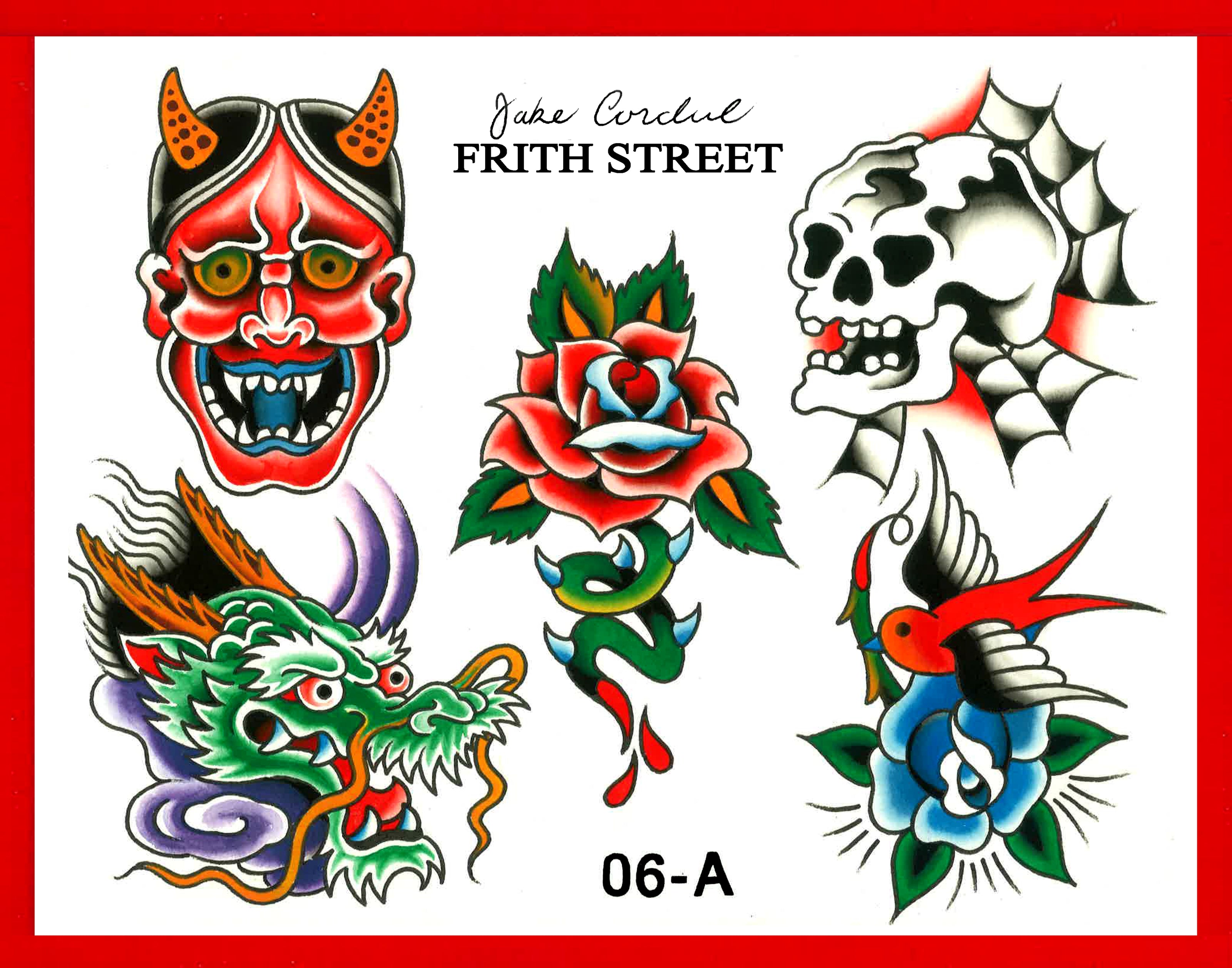 bold American traditional tattoo flash sheet of a Spaulding and Rogers hannya a green dragon head with purple Tibetan clouds a red picture machine rose a skull and web and a red swallow with blue rose
