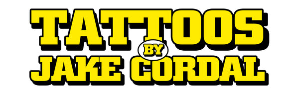 Logo for 'Tattoos by Jake Cordal' with yellow text on a white background
