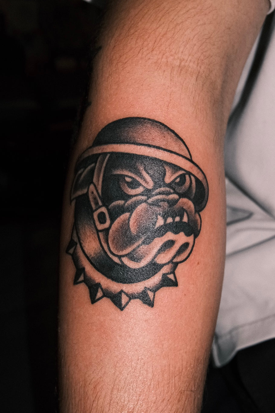 Bold American traditional classic black and grey bulldog tattoo with a helmet and collar. Done in London by jake cordal at frith street tattoo