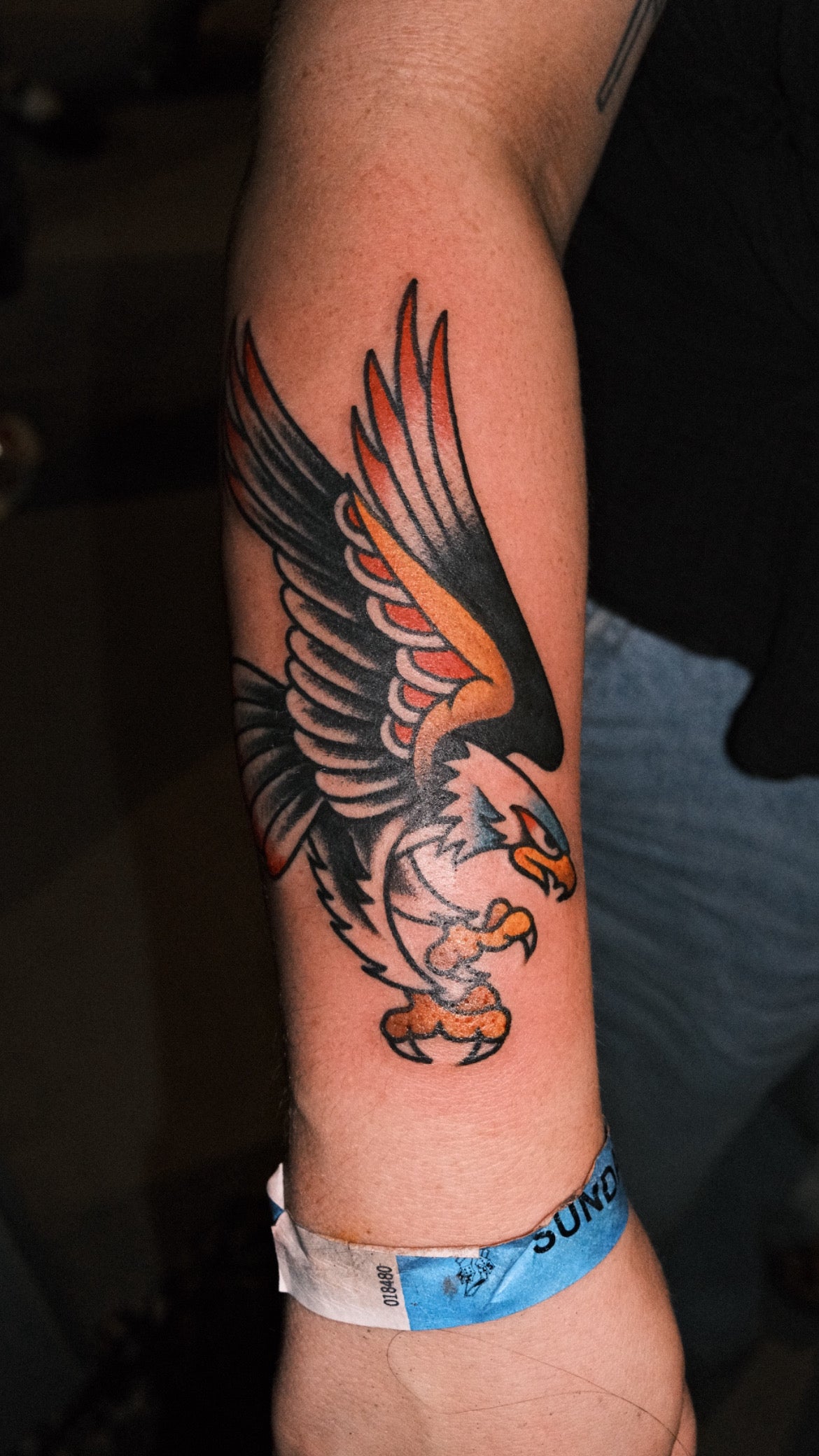 Bold American traditional classic swooping eagle tattoo in colour. Done in London by jake cordal at frith street tattoo