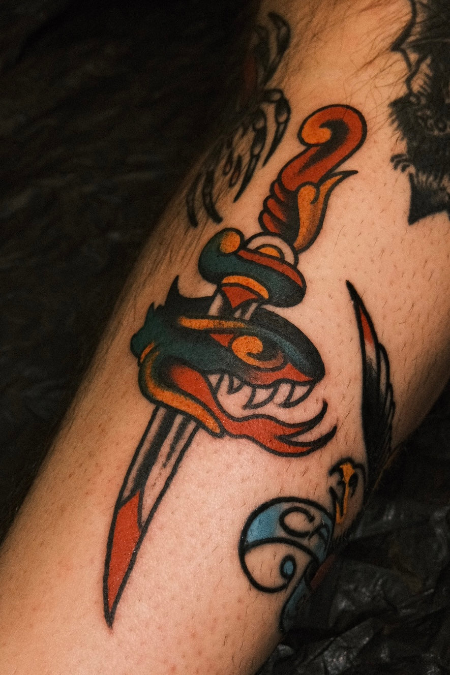 Bold American traditional classic snake head tattoo with a dagger in colour. Done in London by jake cordal at frith street tattoo