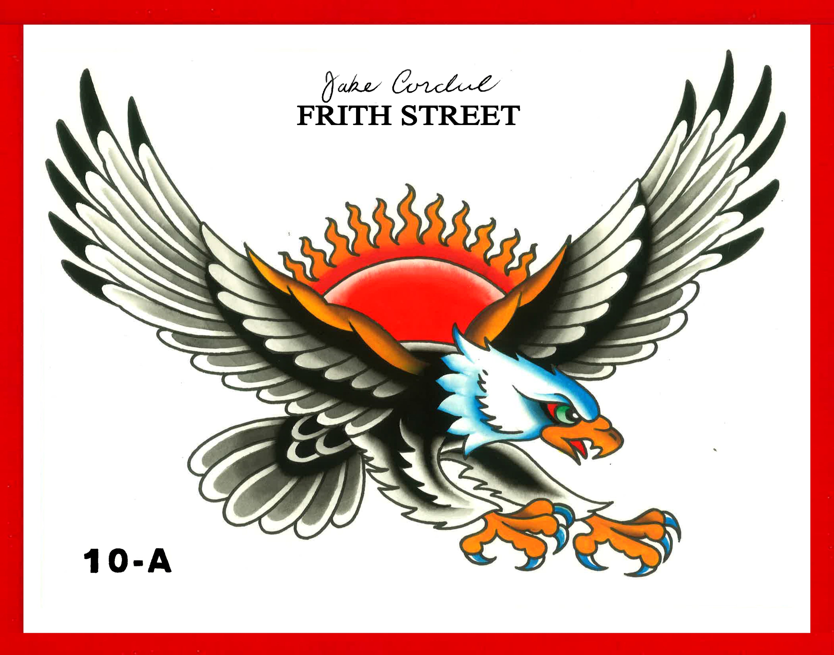 bold American traditional tattoo flash sheet of an eagle chest piece design with a sun behind it's wings.
