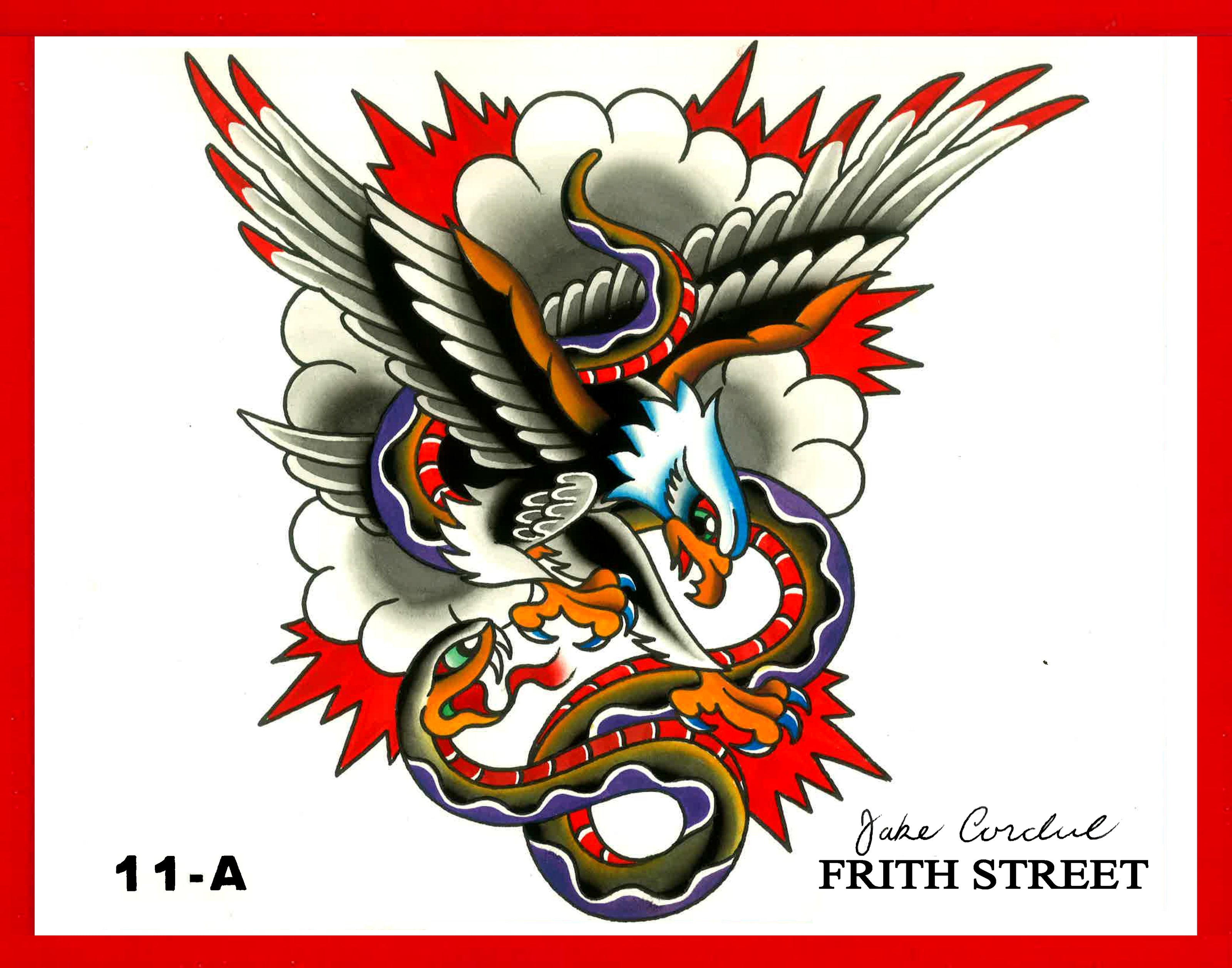 bold American traditional tattoo flash sheet of an eagle and snake in the style of bob roberts