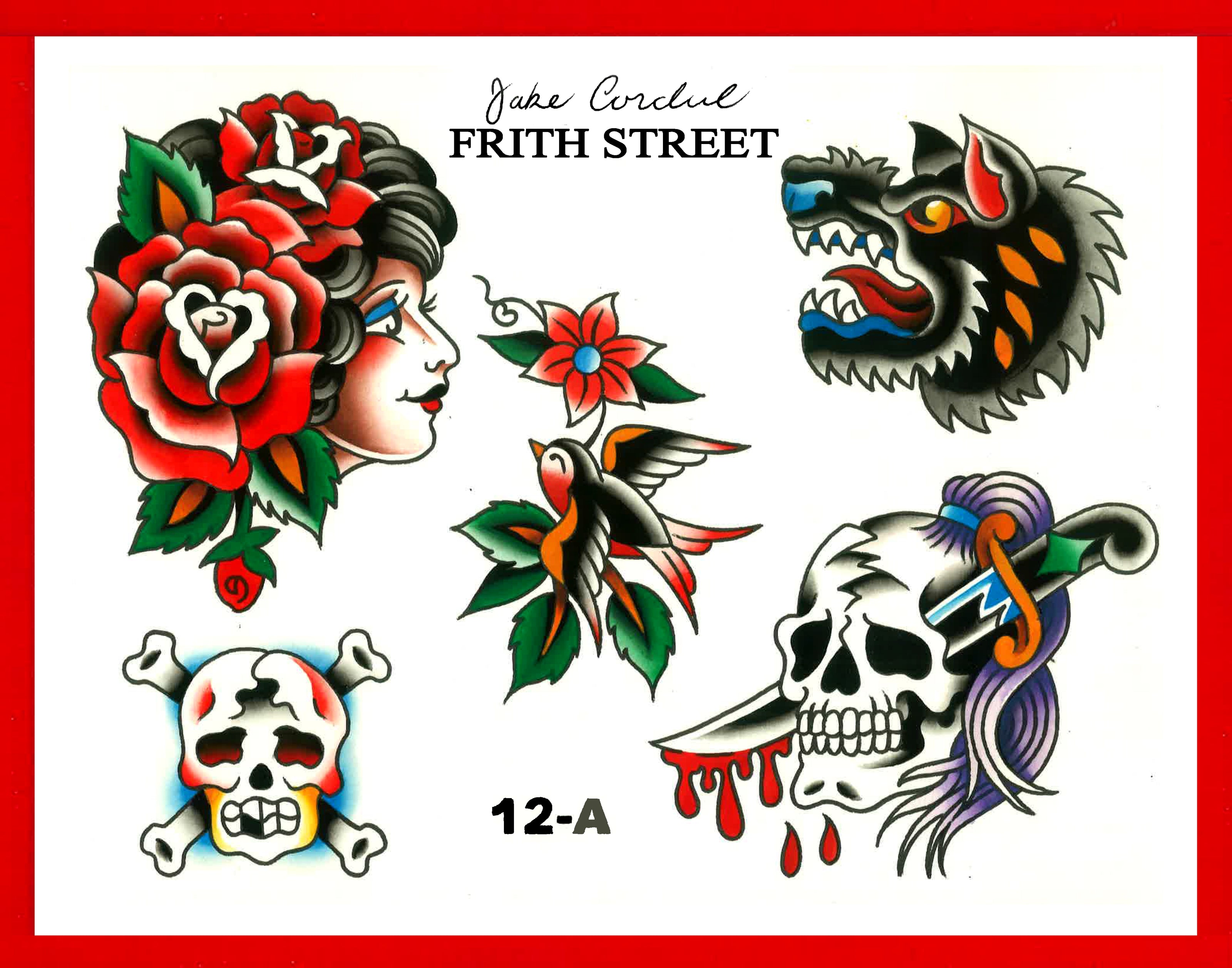 bold American traditional tattoo flash sheet featuring a woman's face, roses, a wolf, a skull, and other elements on a red border.