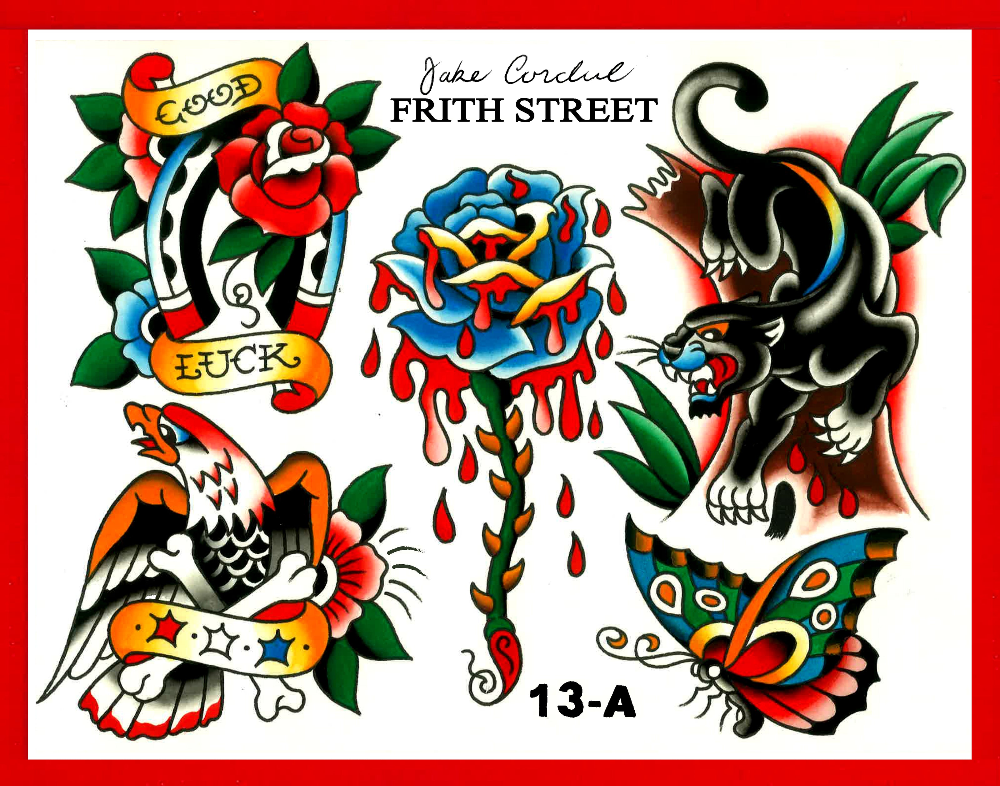 bold American traditional tattoo flash sheet of a horseshoe and rose, an eagle with a banner, a bleeding thorny rose, a panther crawling down, and a butterfly, all in colour