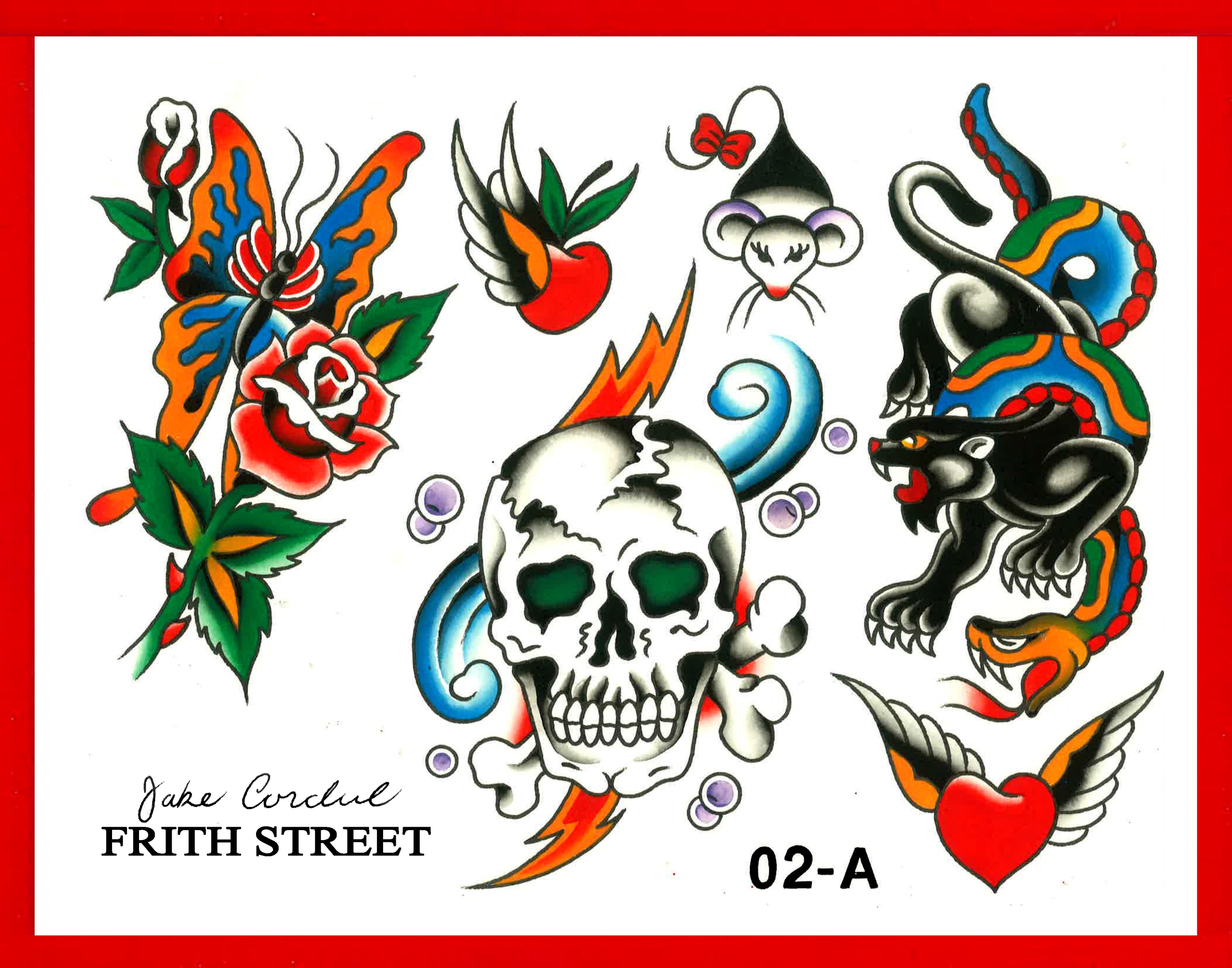 bold American traditional full colour tattoo flash sheet of a Bob shaw butterfly and rose a picture machine mouse a picture machine crawling panther with snake wrapped around it a Spaulding and rogers skull with 70s style bubble and lightening background a winged cherry and a winged heart