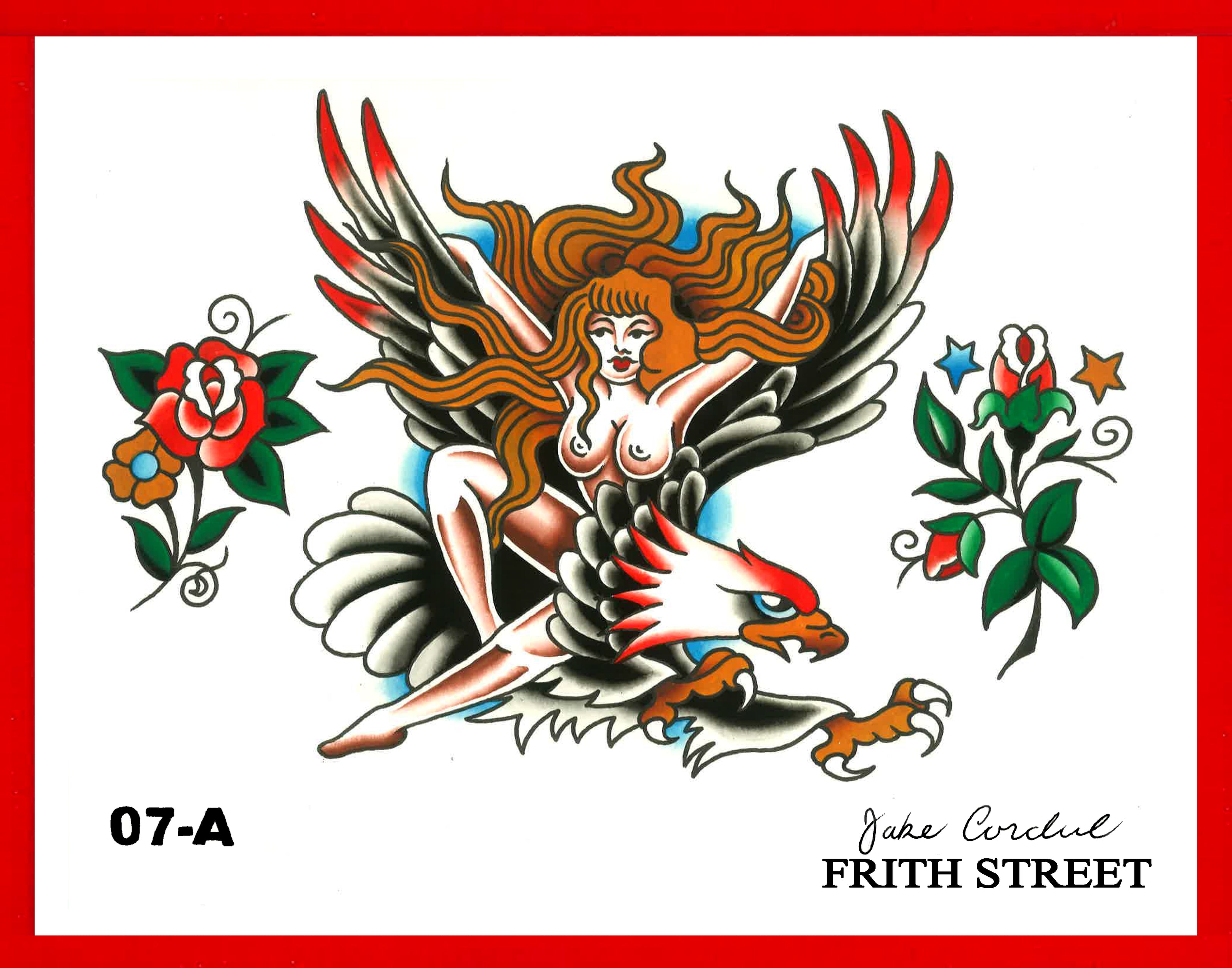 bold American traditional tattoo flash sheet of a pin up girl riding a flying eagle, a simple rose tattoo design, and a simple rose bud design.