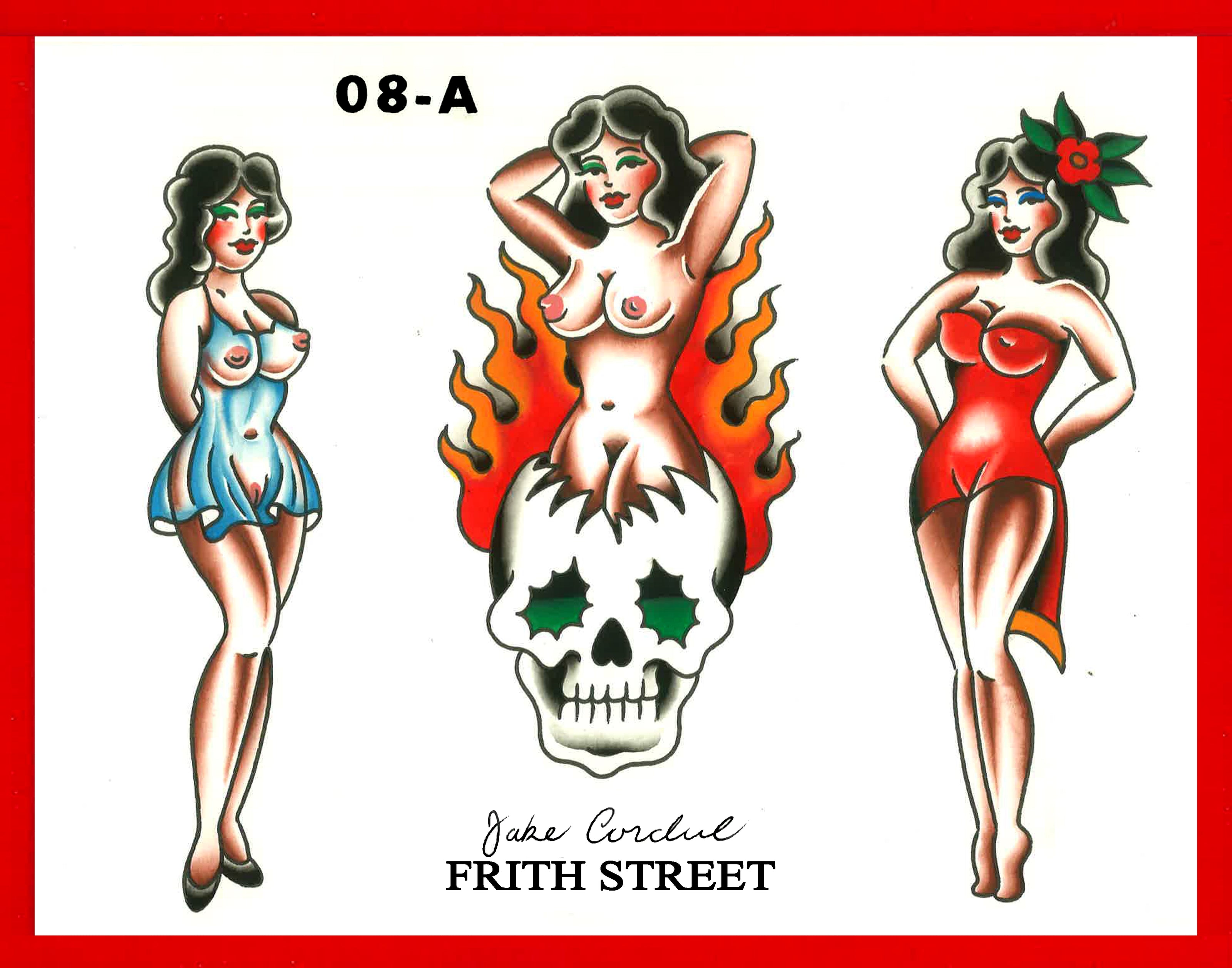 bold American traditional tattoo flash sheet of 3 pin up girls, one of them with a skull.