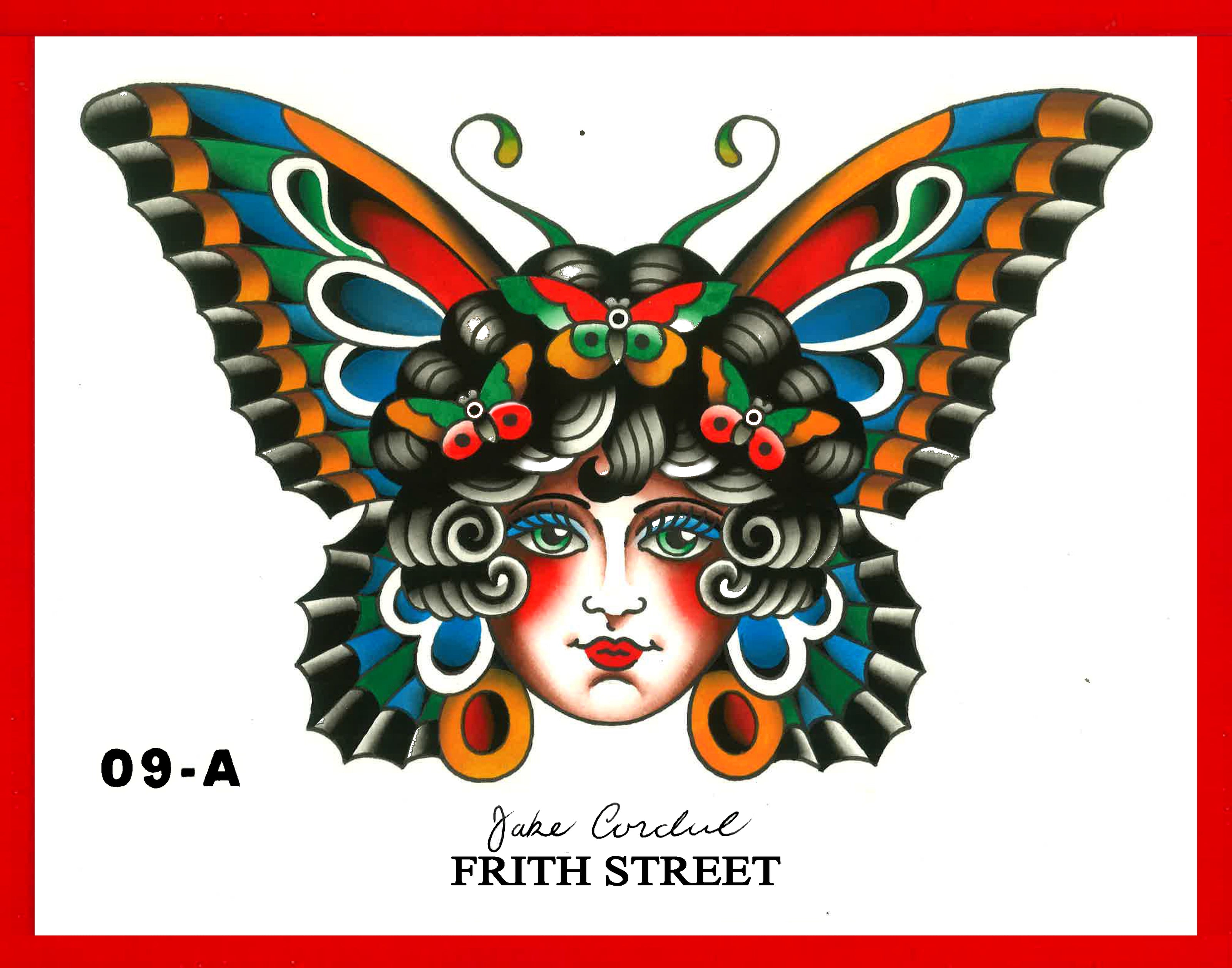 bold American traditional tattoo flash sheet of a colourful lady head with butterfly wings
