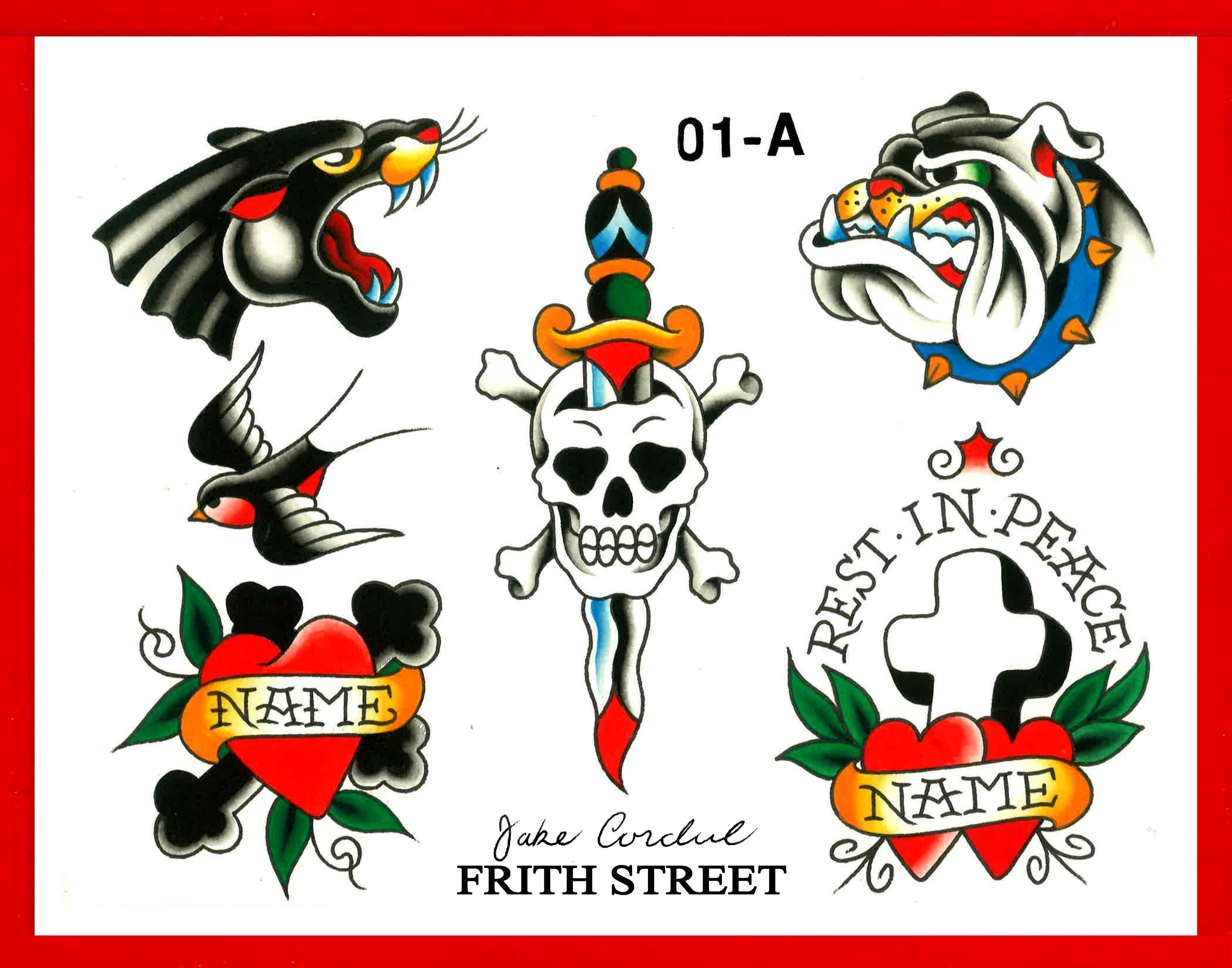 bold American traditional tattoo flash sheet of a black panther a British bulldog a memorial tattoo with black cross red heart and banner a skull and dagger and a rest in peace memorial tattoo with a cross love hearts and a banner 