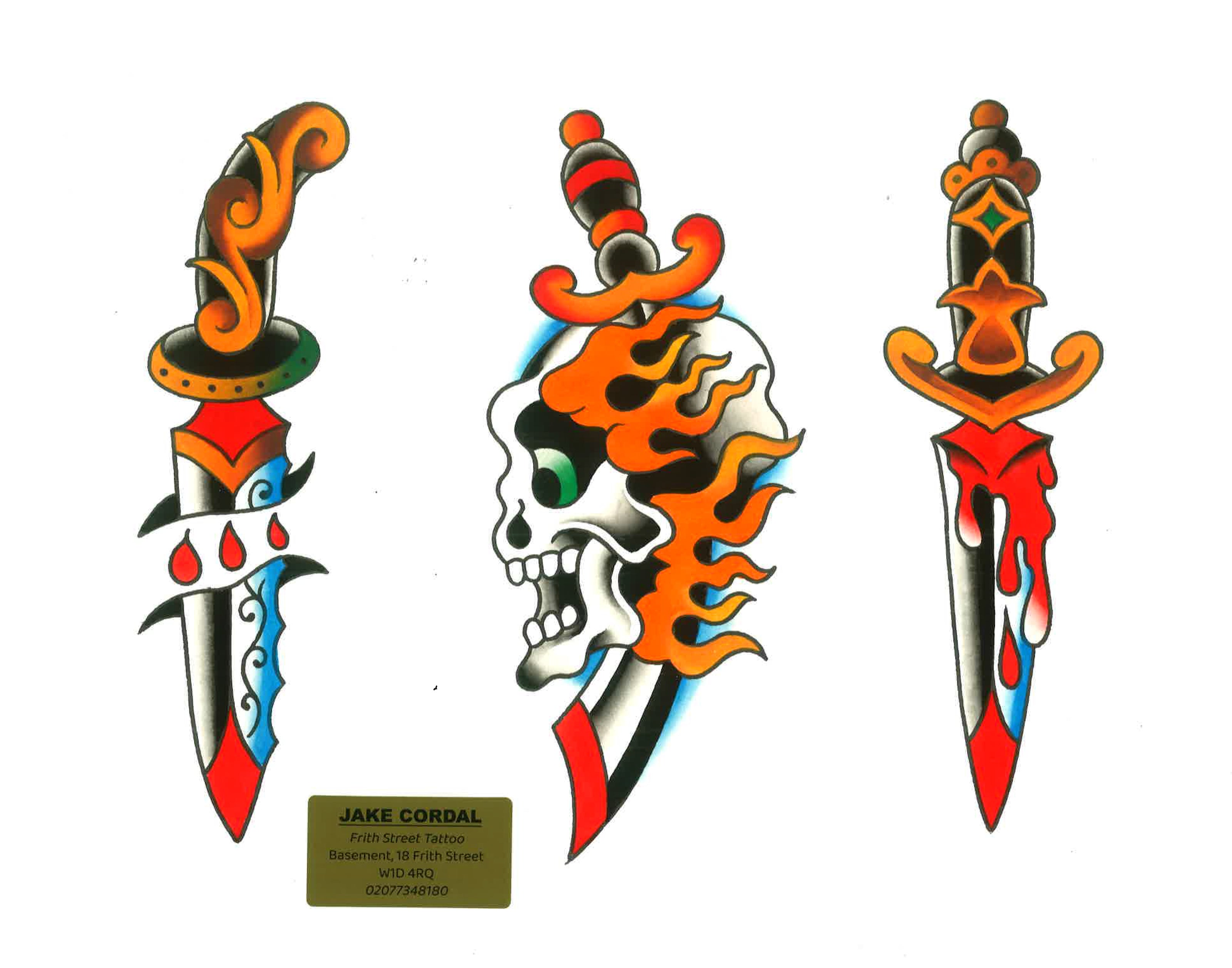 A bold american traditional tattoo flash sheet featuring a varient of classic dagger tattoo flash designs in full colour