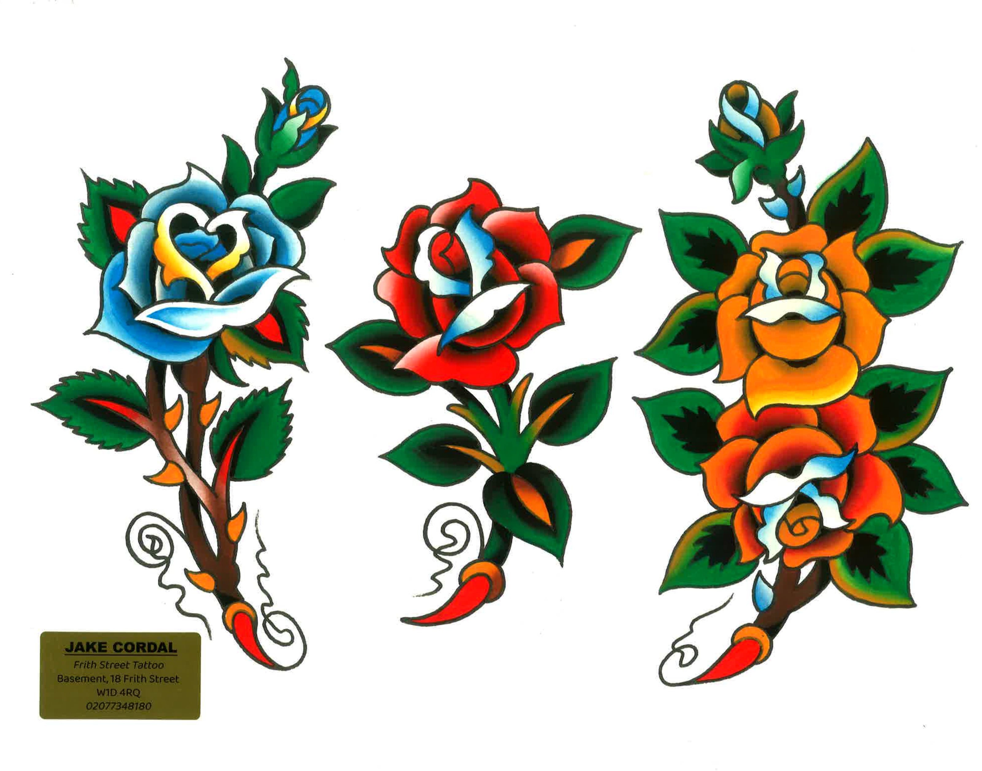 A bold american traditional tattoo flash sheet featuring a varient of classic rose tattoo flash designs in full colour