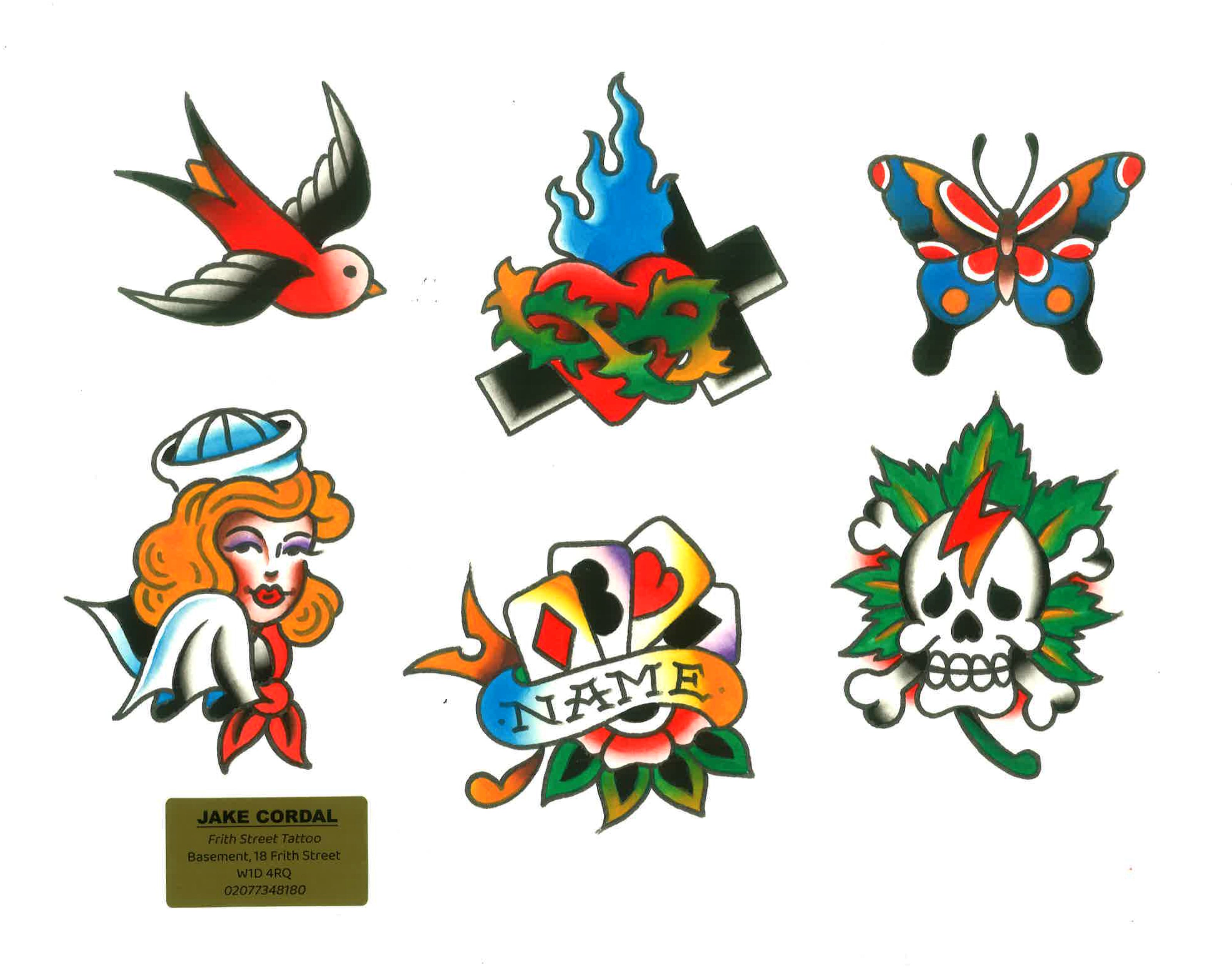 A bold american traditional tattoo flash sheet featuring a varient of classic tattoo flash designs in full colour